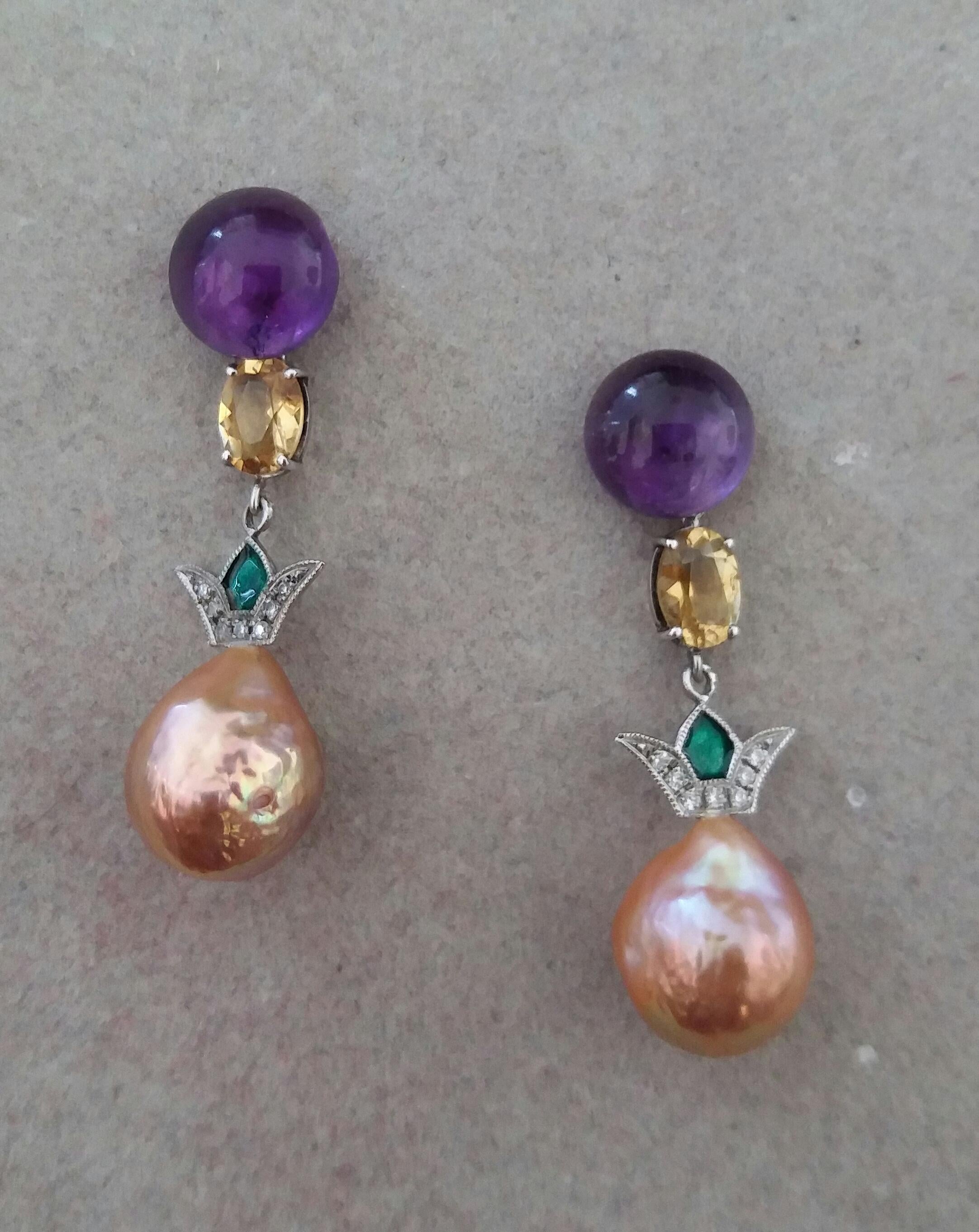 Mixed Cut Art Deco Style Amethyst Citrine Gold Diamond Enamel Baroque Pearls Earrings For Sale