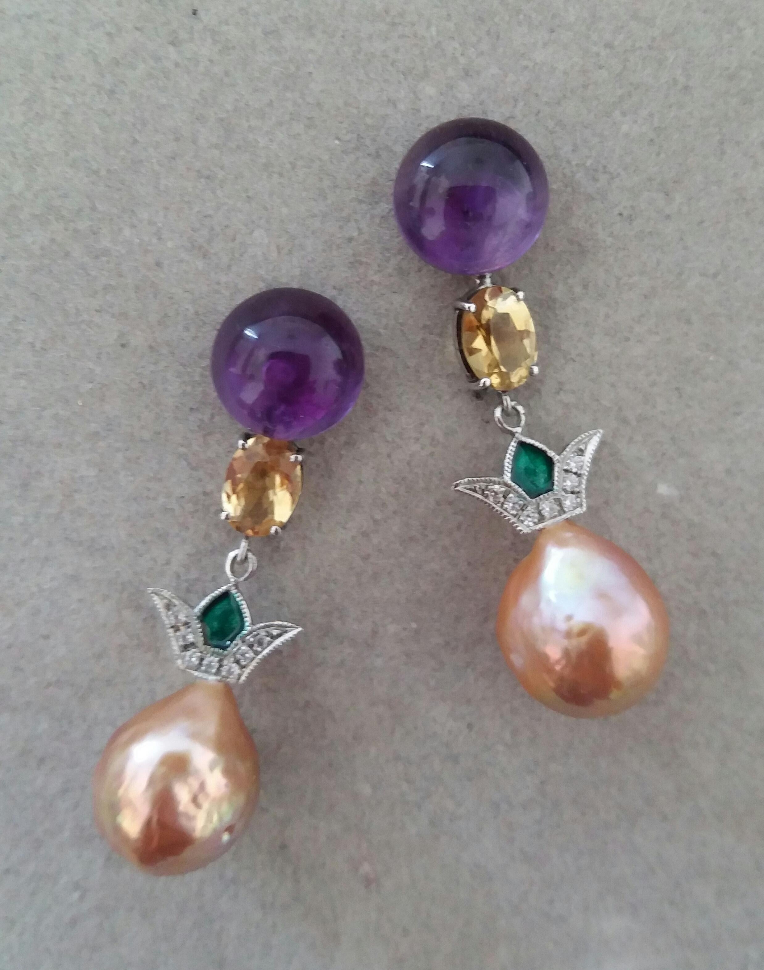 Art Deco Style Amethyst Citrine Gold Diamond Enamel Baroque Pearls Earrings In Good Condition In Bangkok, TH