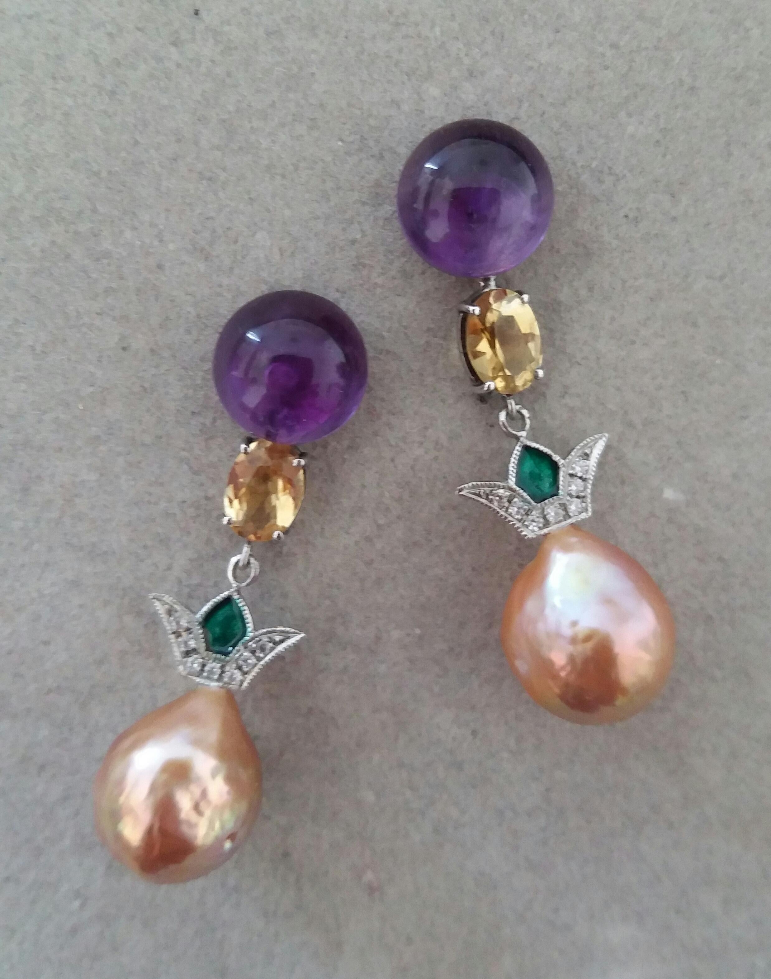 Art Deco Style Amethyst Citrine Gold Diamond Enamel Baroque Pearls Earrings In Good Condition For Sale In Bangkok, TH