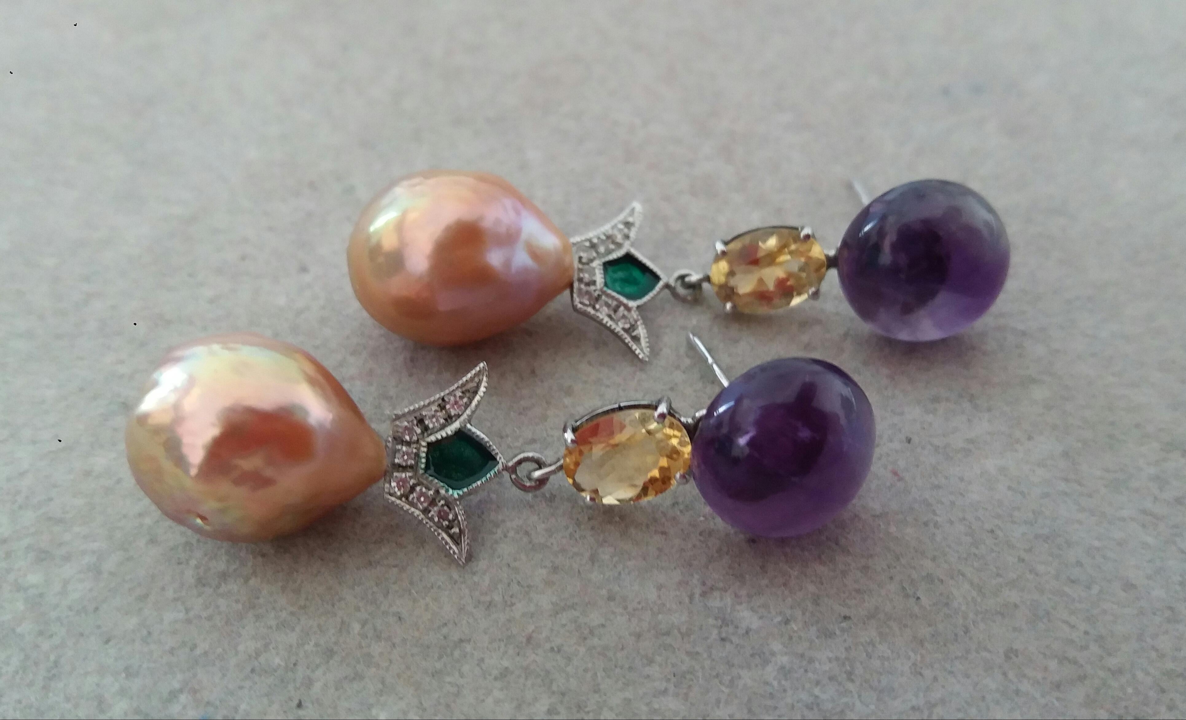 Women's Art Deco Style Amethyst Citrine Gold Diamond Enamel Baroque Pearls Earrings
