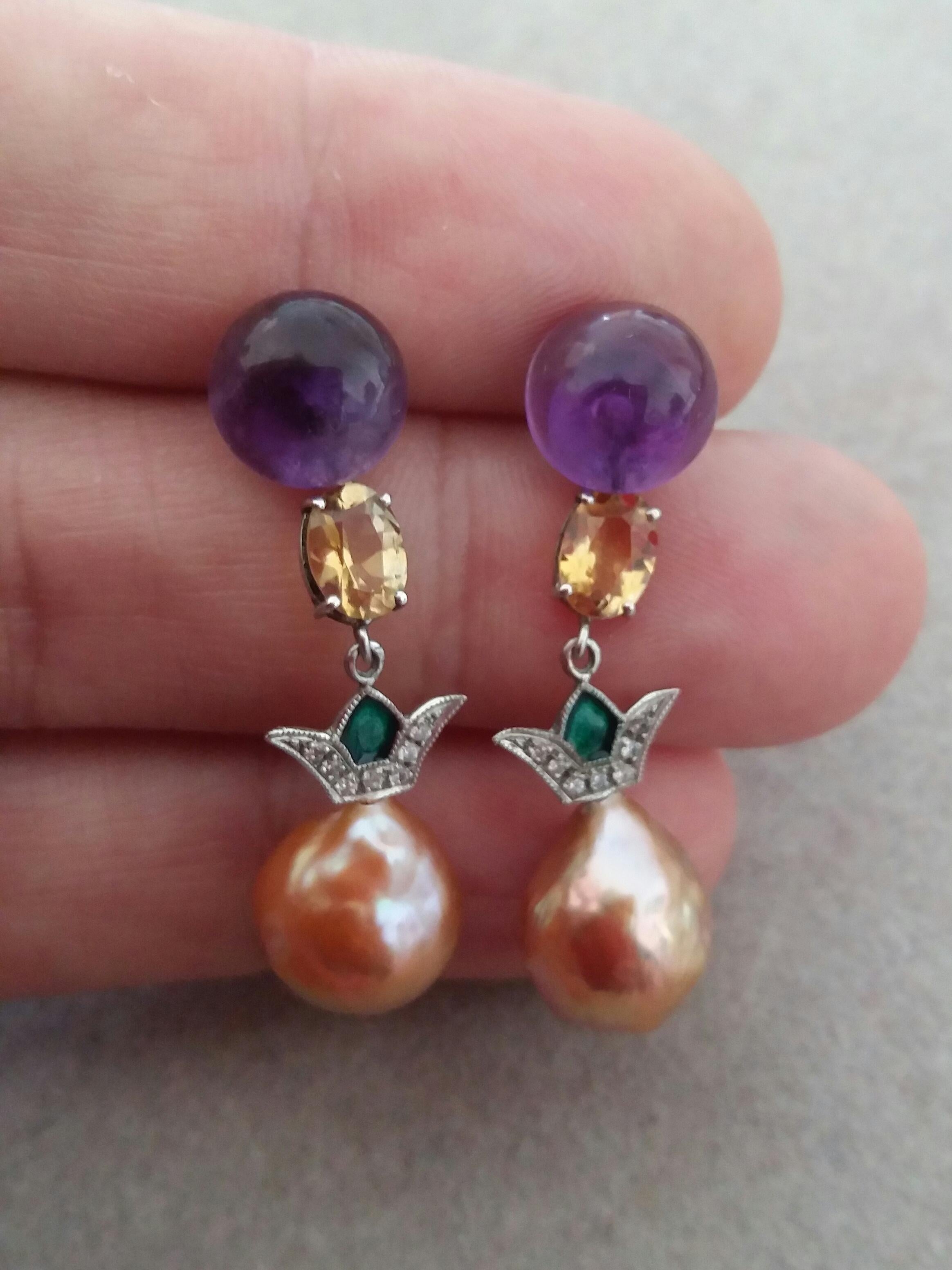 Art Deco Style Amethyst Citrine Gold Diamond Enamel Baroque Pearls Earrings 1