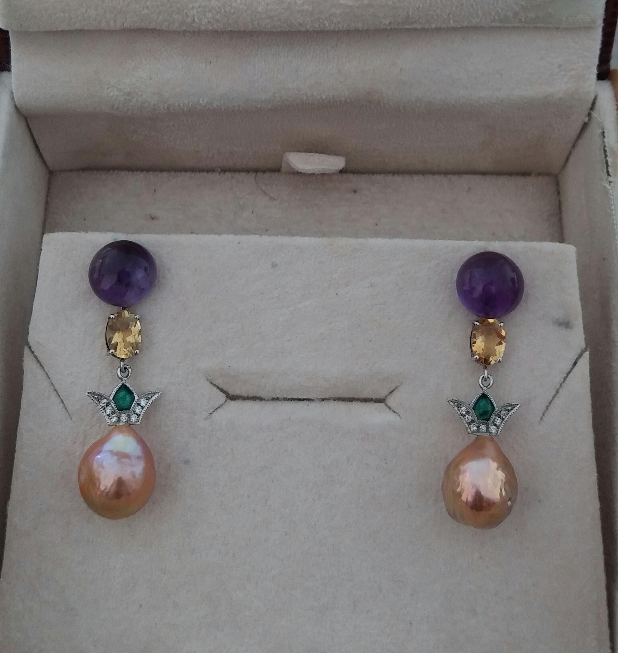 Art Deco Style Amethyst Citrine Gold Diamond Enamel Baroque Pearls Earrings 2