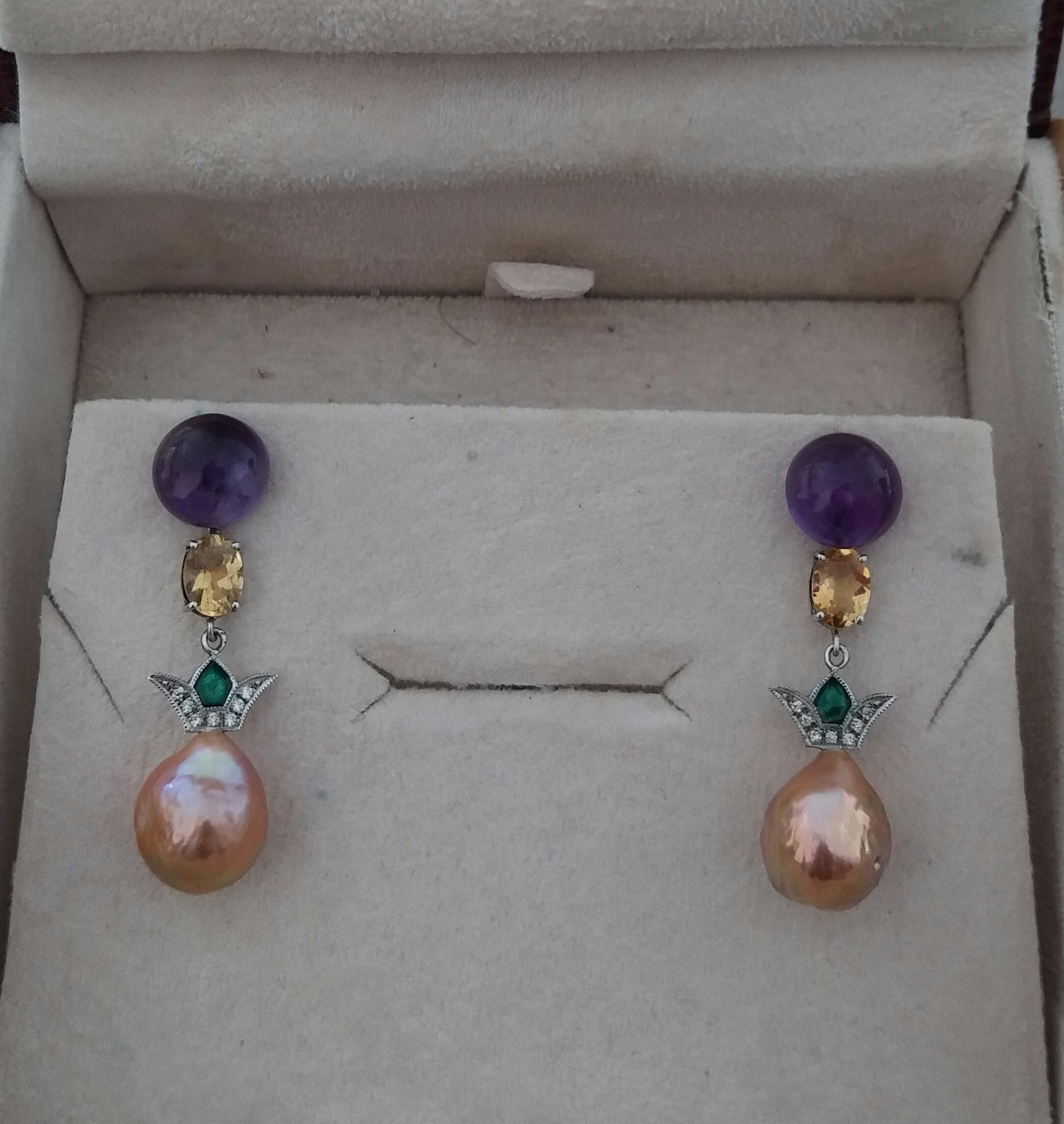 Art Deco Style Amethyst Citrine Gold Diamond Enamel Baroque Pearls Earrings For Sale 2