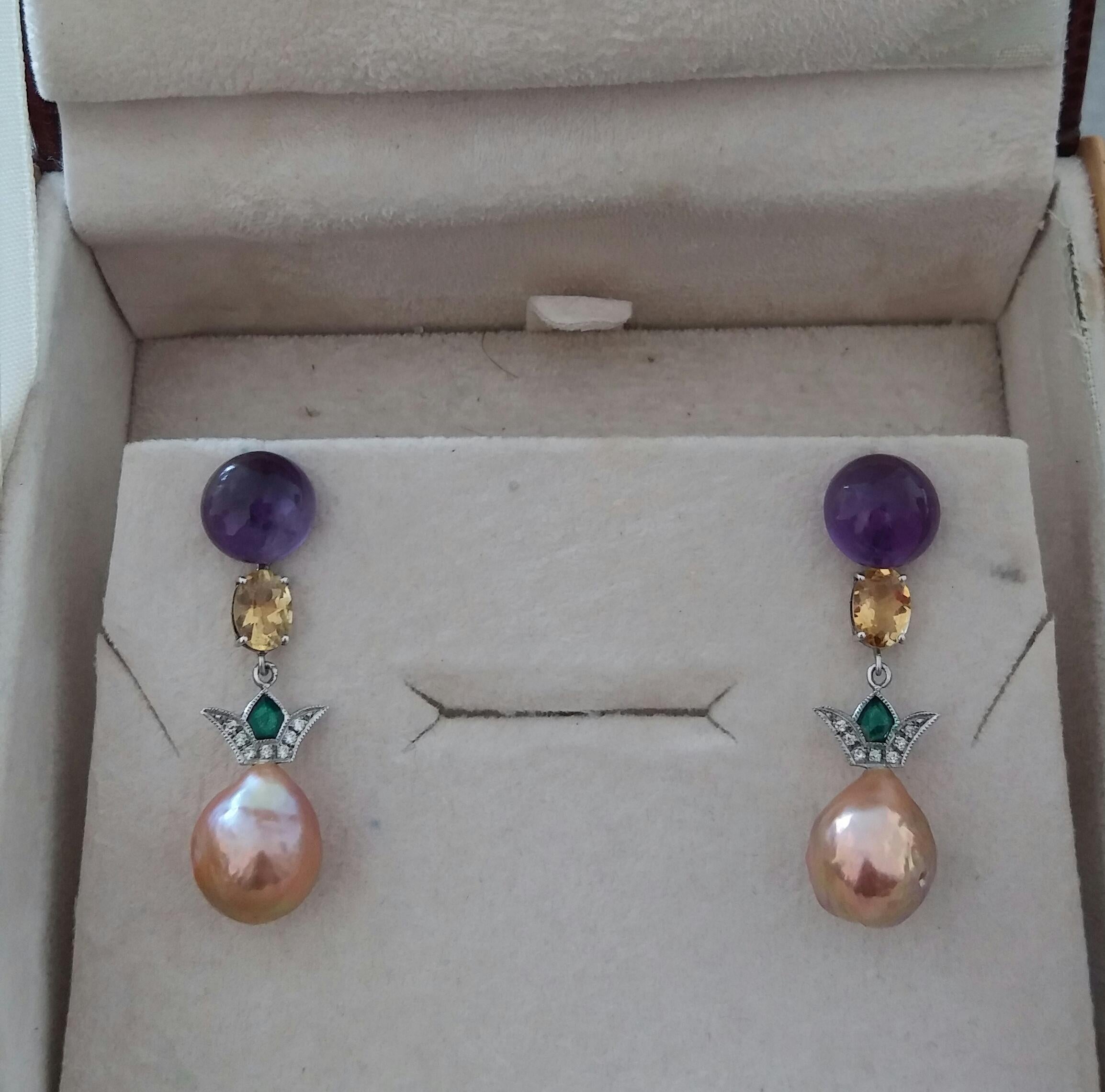 Art Deco Style Amethyst Citrine Gold Diamond Enamel Baroque Pearls Earrings 3