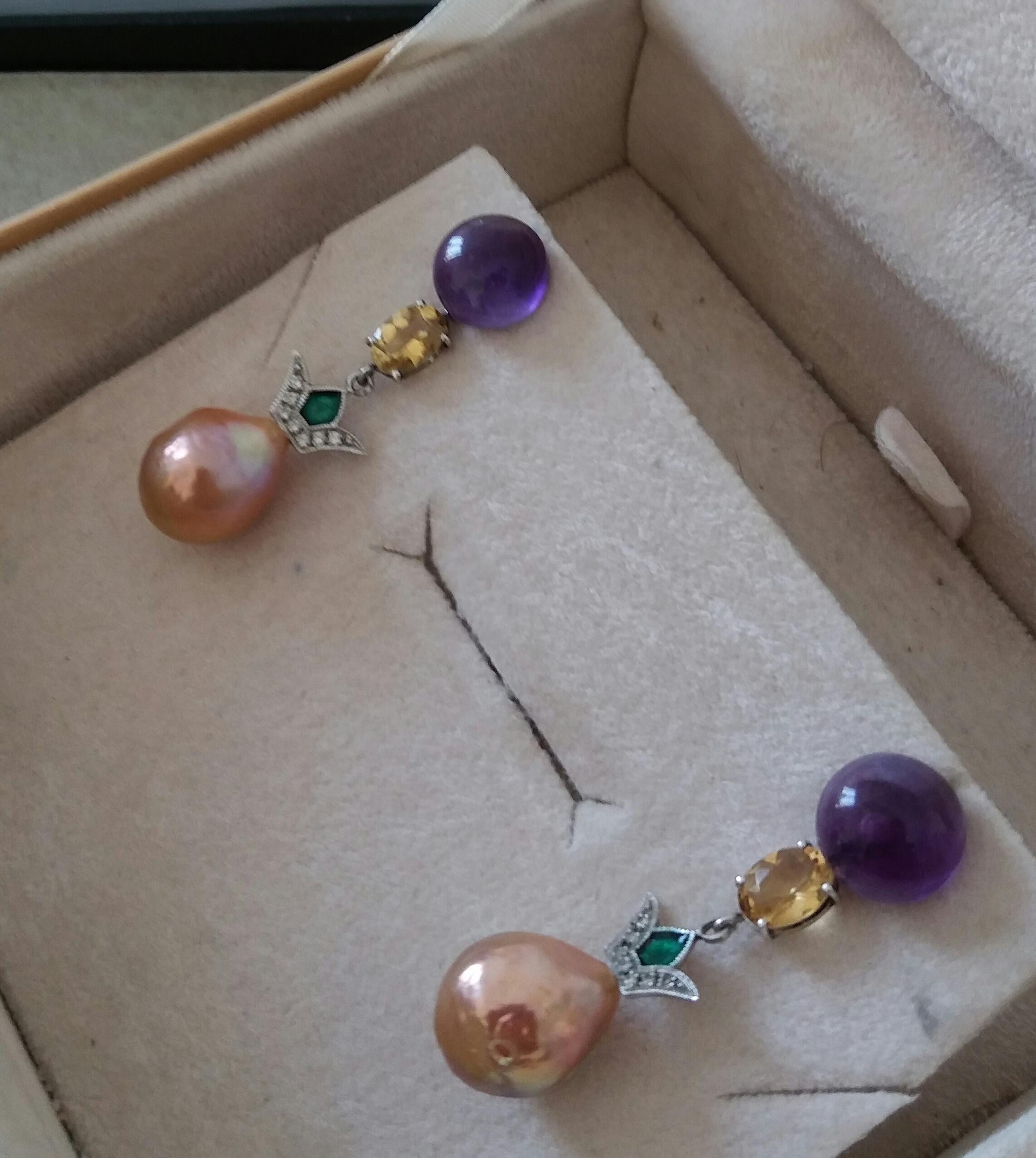 Art Deco Style Amethyst Citrine Gold Diamond Enamel Baroque Pearls Earrings For Sale 4