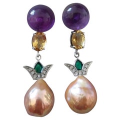 Antique Art Deco Style Amethyst Citrine Gold Diamond Enamel Baroque Pearls Earrings