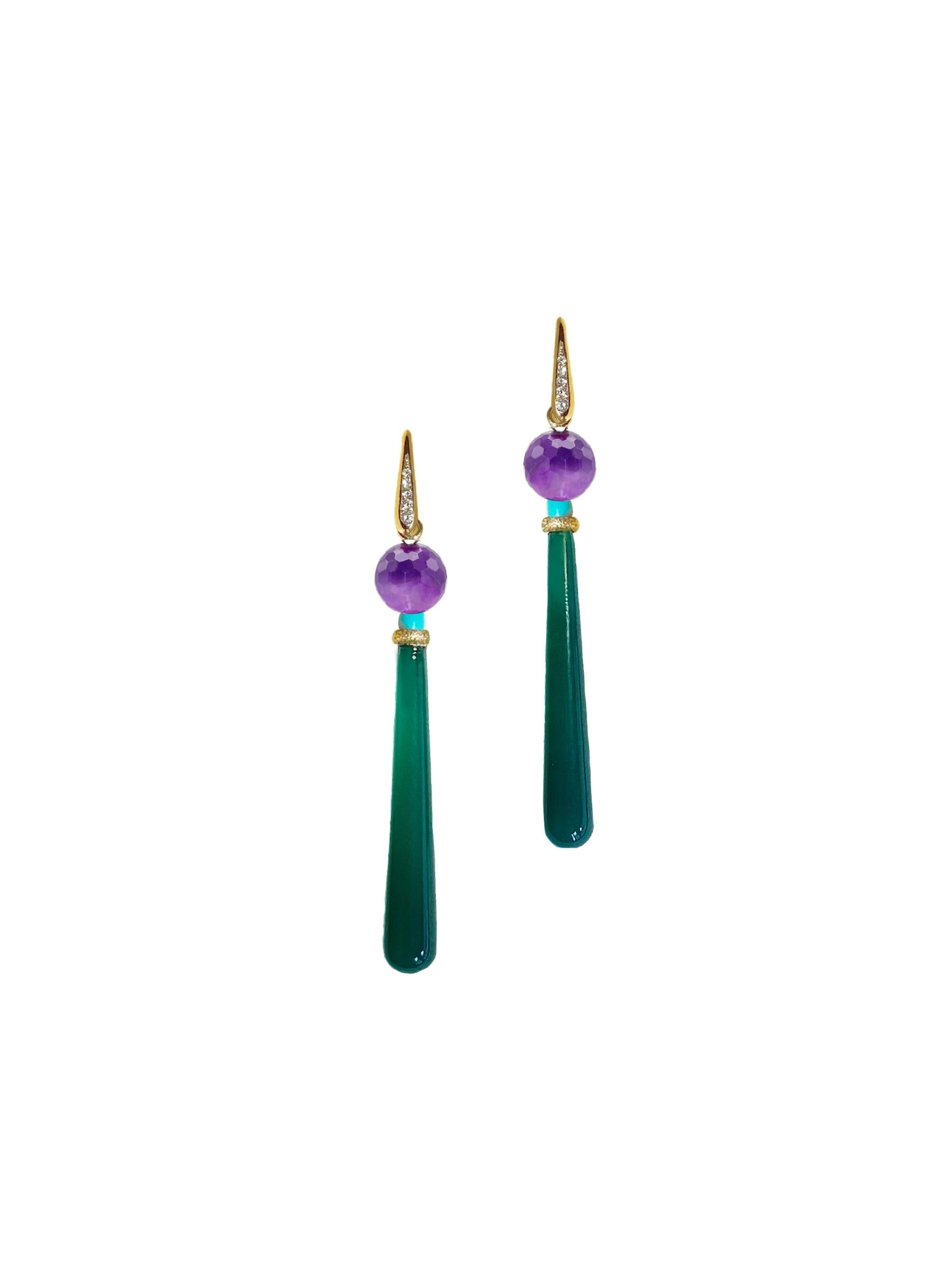 Art Deco Style Amethyst Diamonds Green Agate 18k Yellow Gold Dangle Earring In New Condition For Sale In Rome, IT