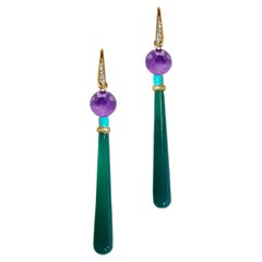 Art Deco Style Amethyst Diamonds Green Agate 18k Yellow Gold Dangle Earring