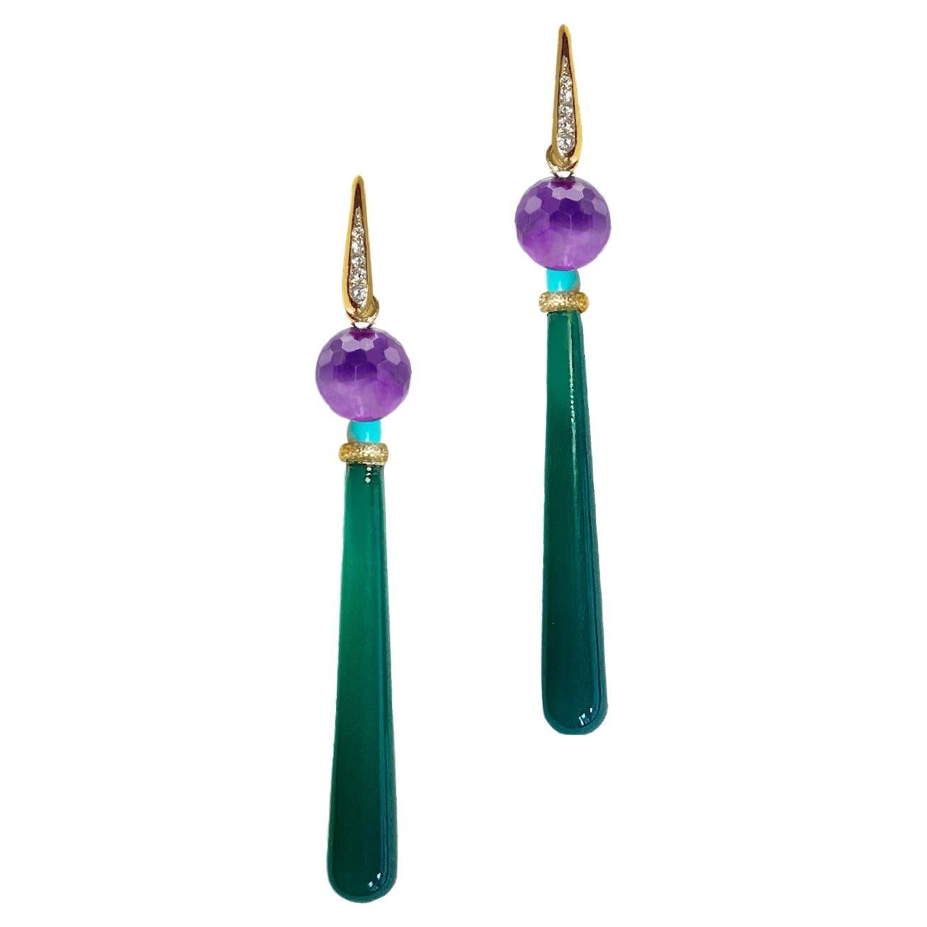 Art Deco Style Amethyst Diamonds Green Agate 18k Yellow Gold Dangle Earring For Sale