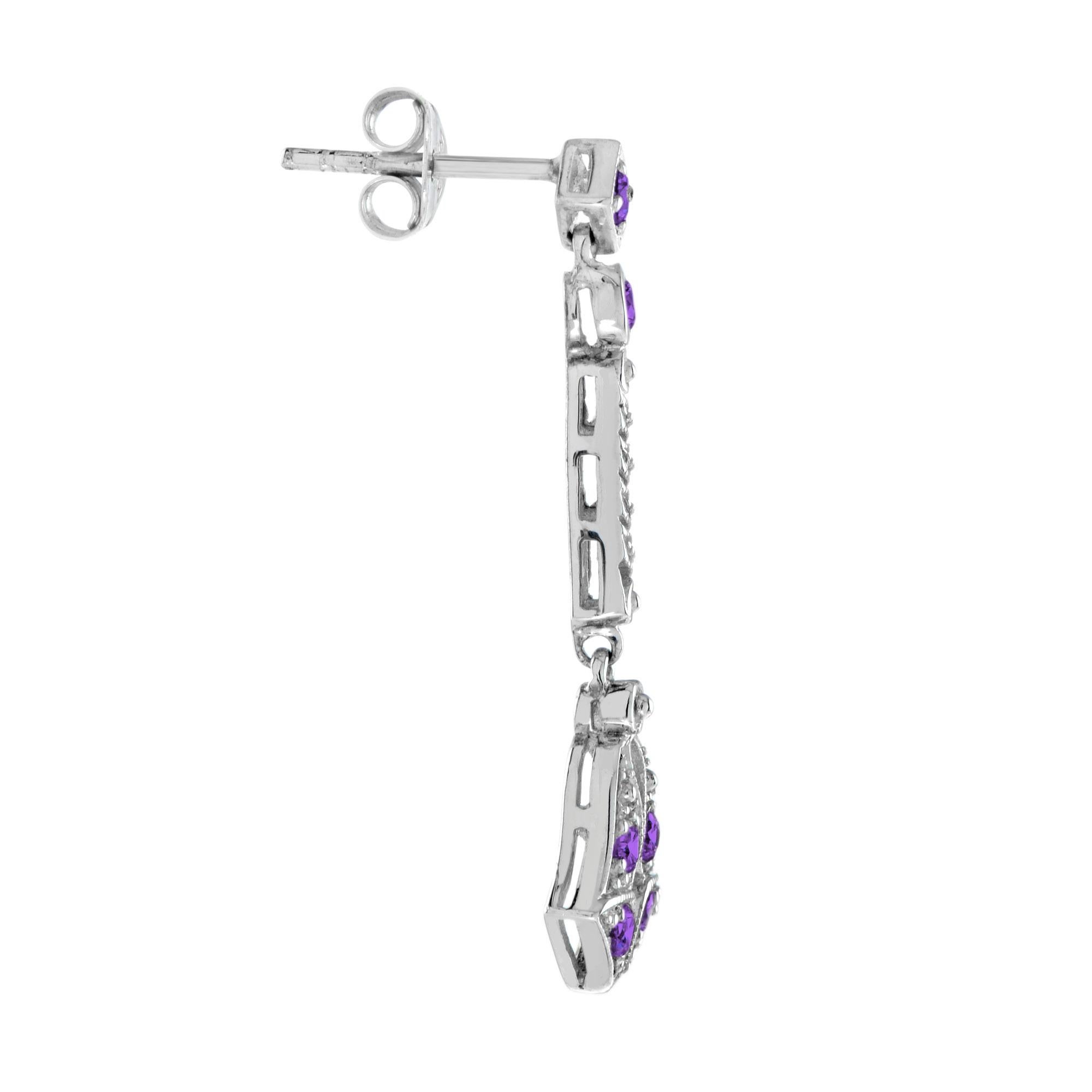 Round Cut Art Deco Style Amethyst Drop Earrings in 14K White Gold For Sale