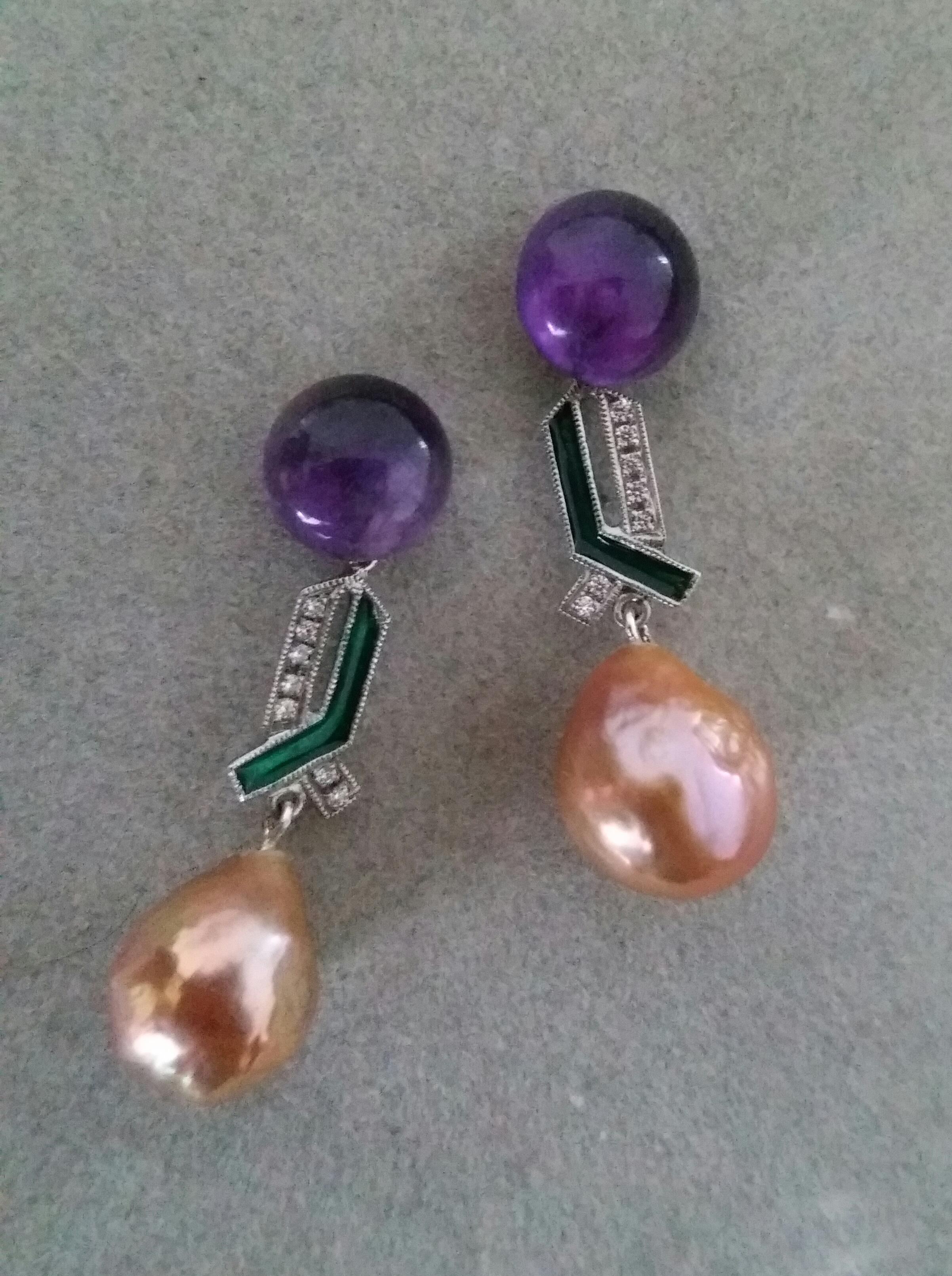 In these Art Deco Style earrings the upper parts are composed of 2 amethyst buttons 10 mm diameter. from which are suspended  2 elements in white gold ,14 full cut round diamonds and green enamel, at the bottom we have 2 rare and high luster Natural