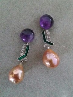 Art Deco Style Amethyst Gold Diamond Green Enamel Golden Baroque Pearls Earrings