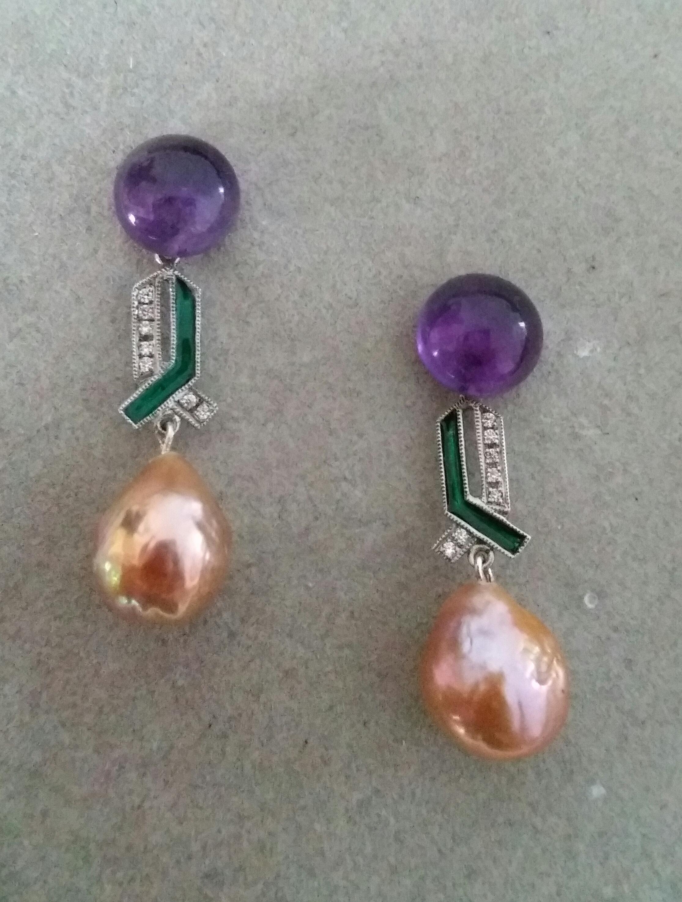 Art Deco Style Amethyst Gold Diamond Green Enamel Golden Baroque Pearls Earrings In Good Condition For Sale In Bangkok, TH
