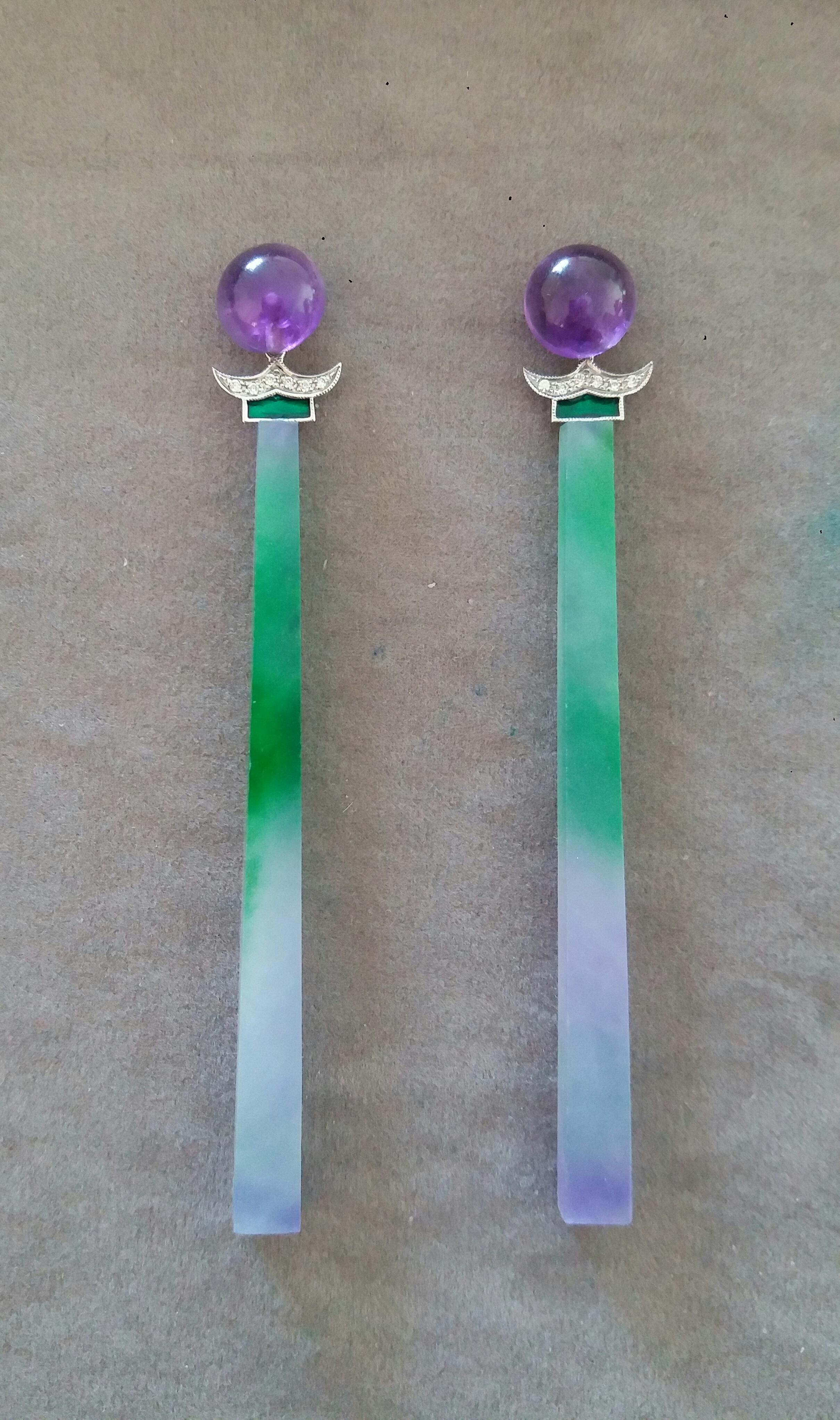 These unique earrings have 2 Amethyst round buttons of 10 mm in diameter on top,  supporting  2 elements in white gold 12 full cut diamonds and Green Enamel, to which finally are suspended  2 long  Green and Lavender Jades sticks measuring 65 x 5