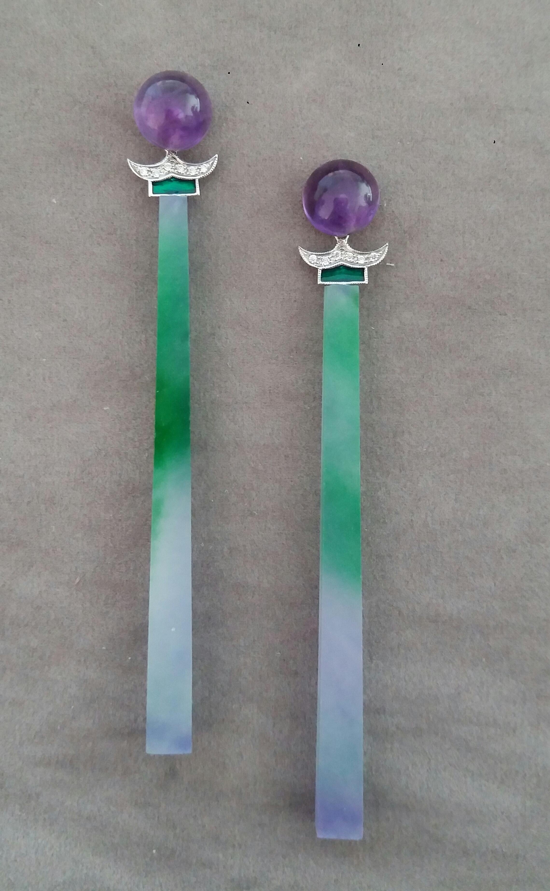 Art Deco Style Amethyst Gold Diamonds Enamel Green Purple Jade Dangle Earrings In Good Condition For Sale In Bangkok, TH