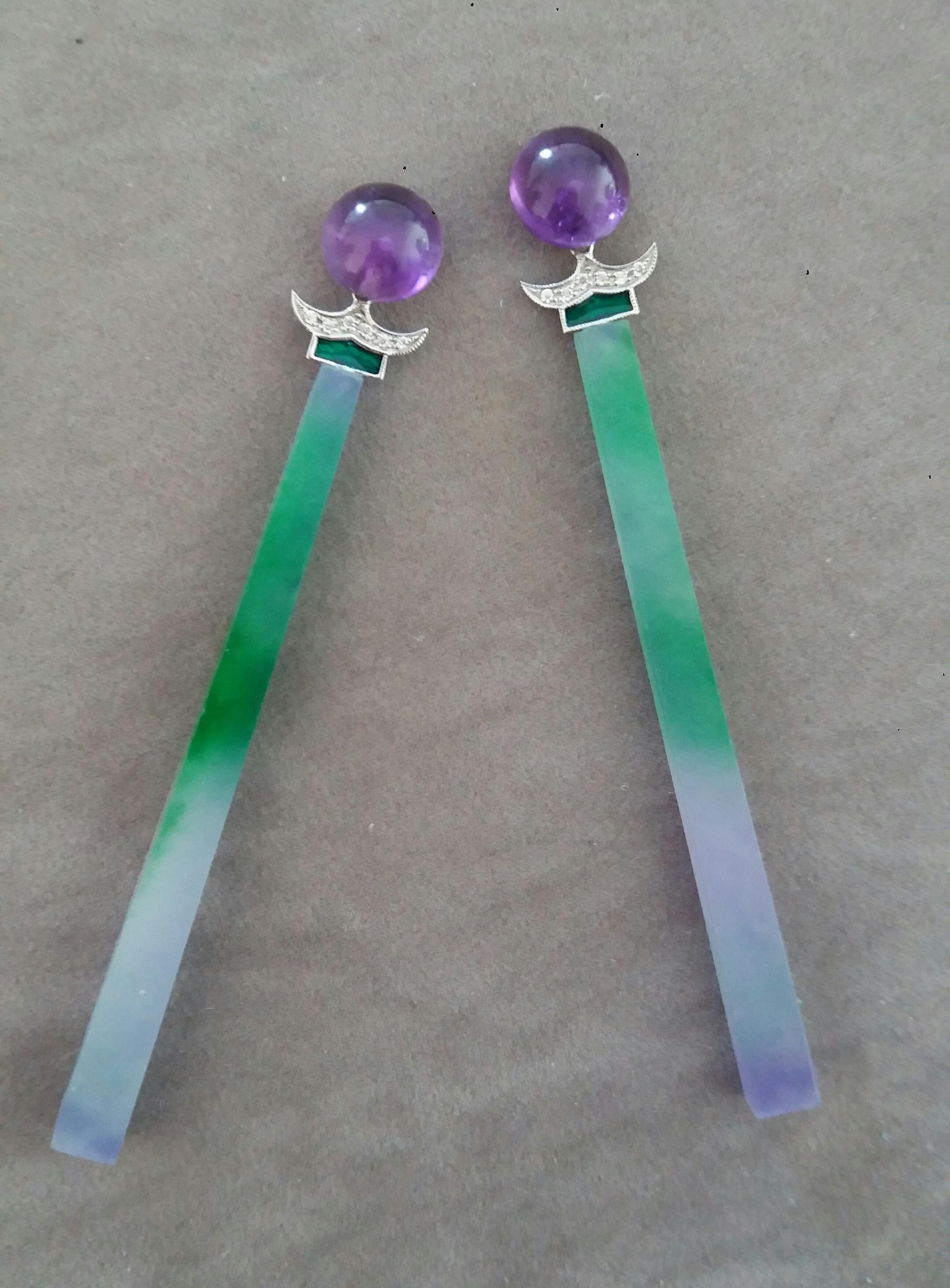 Women's Art Deco Style Amethyst Gold Diamonds Enamel Green Purple Jade Dangle Earrings For Sale