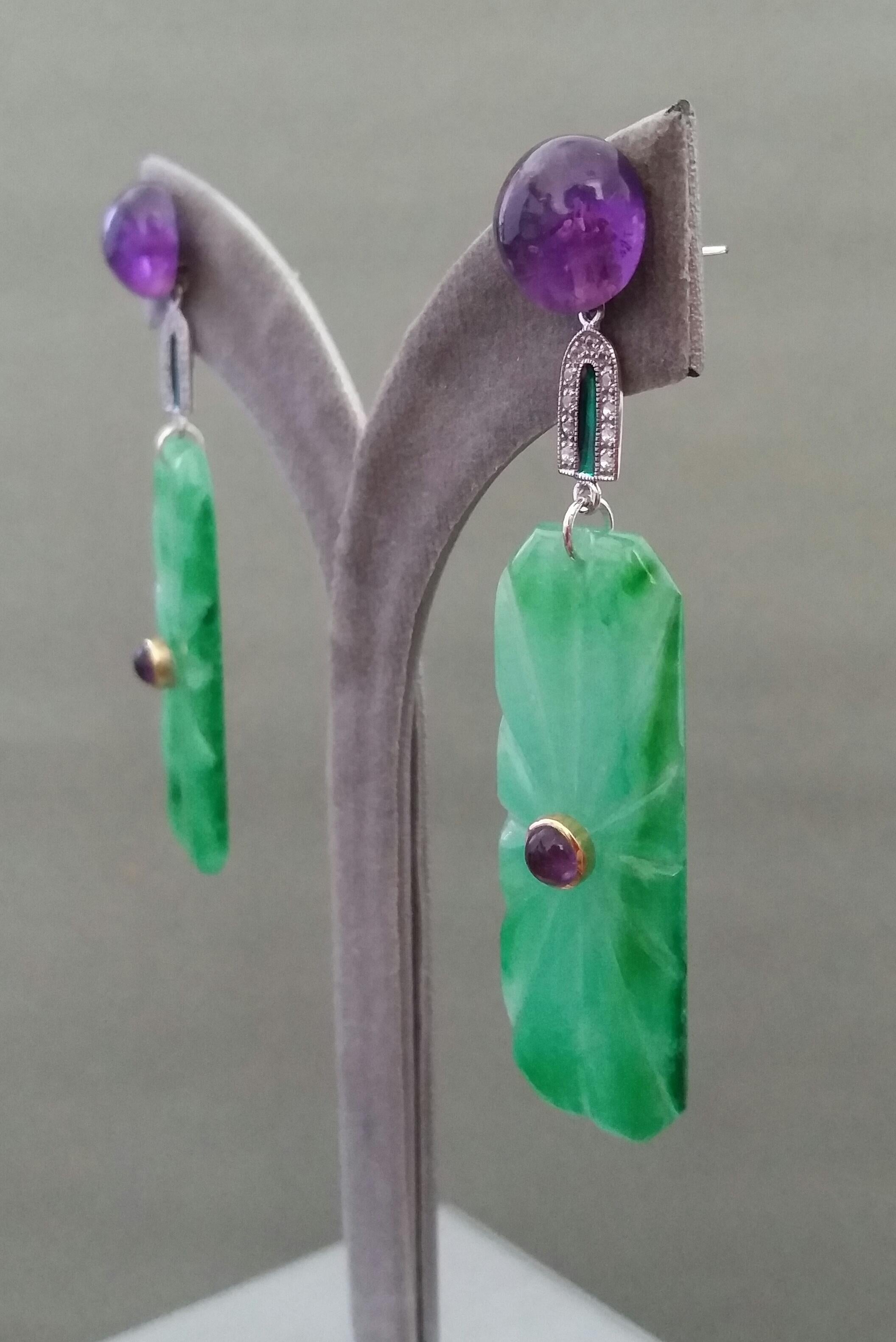Art Deco Style Amethyst Gold Diamonds Green Enamel Engraved Jade Dangle Earrings For Sale 4