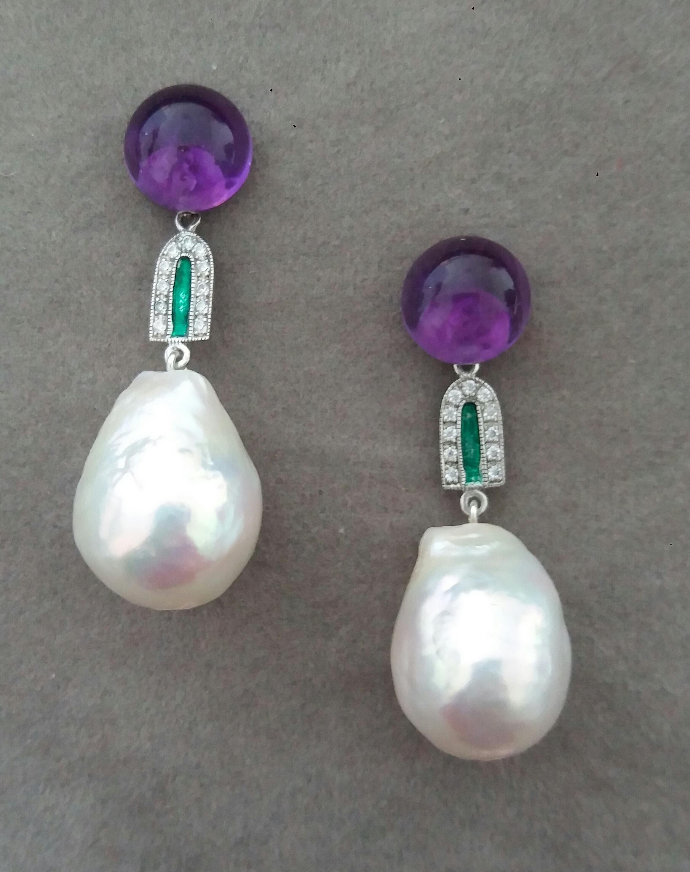 These unique earrings have 2 Amethyst round buttons of 10 mm in diameter on top,  supporting  2 elements in white gold 22 full cut diamonds and green enamel, to which finally are suspended  2 very good luster white Baroque Pearls measuring 14 x 18