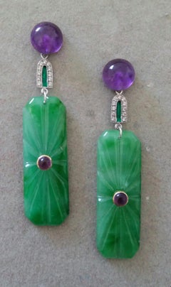 Art Deco Style Amethyst Gold Diamonds Green Enamel Engraved Jade Dangle Earrings