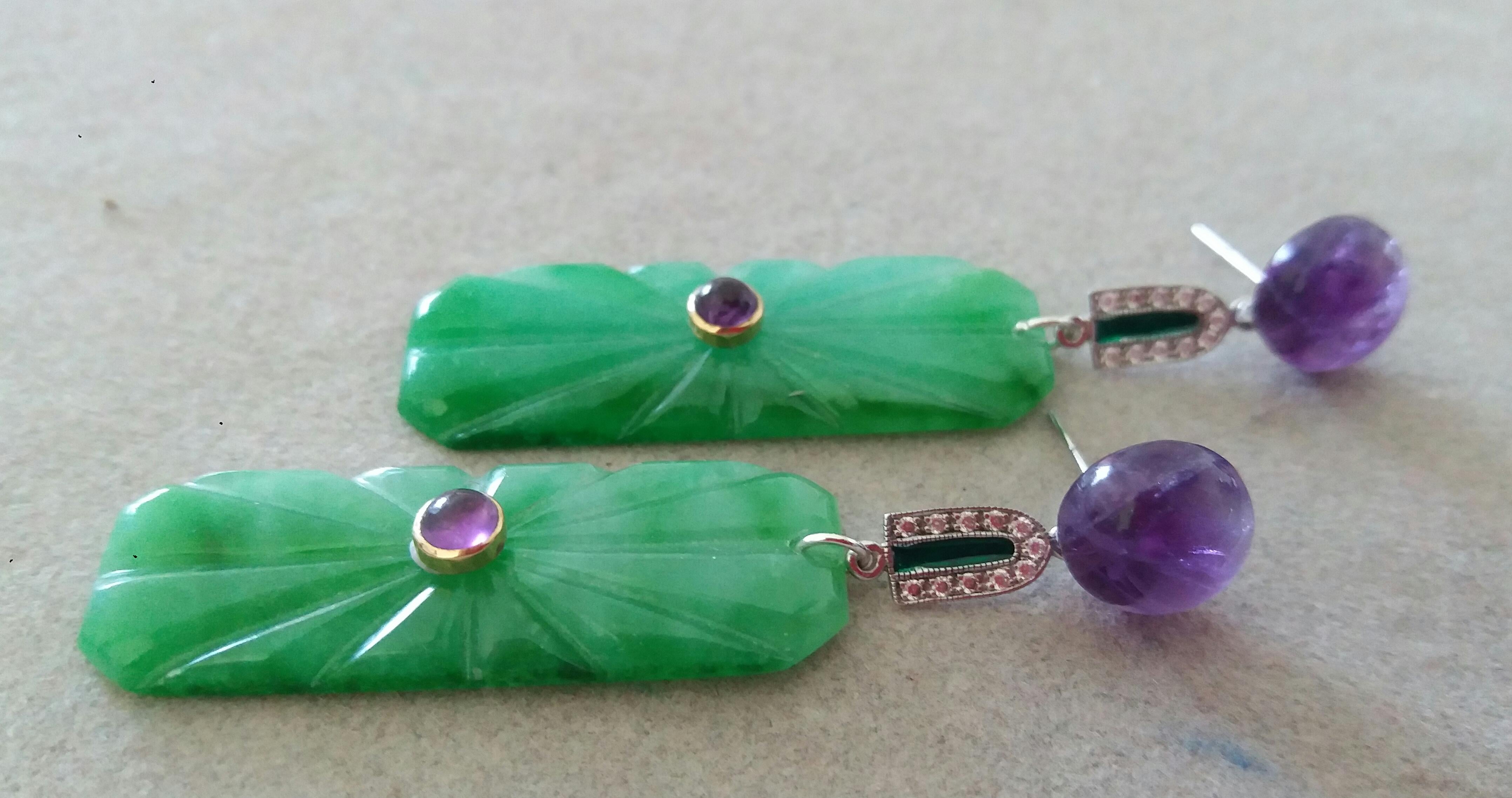 Mixed Cut Art Deco Style Amethyst Gold Diamonds Green Enamel Engraved Jade Dangle Earrings For Sale