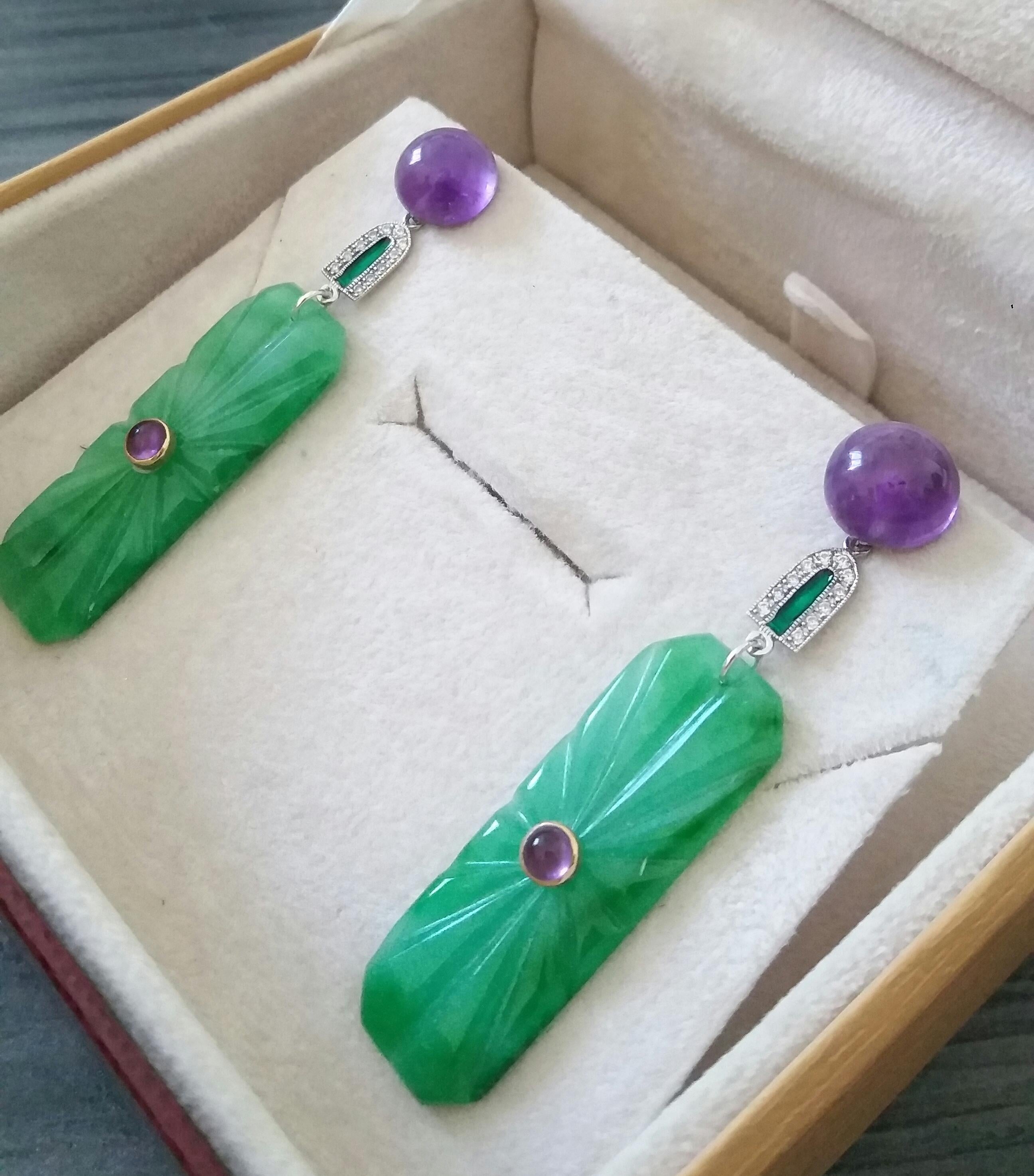 Art Deco Style Amethyst Gold Diamonds Green Enamel Engraved Jade Dangle Earrings 2