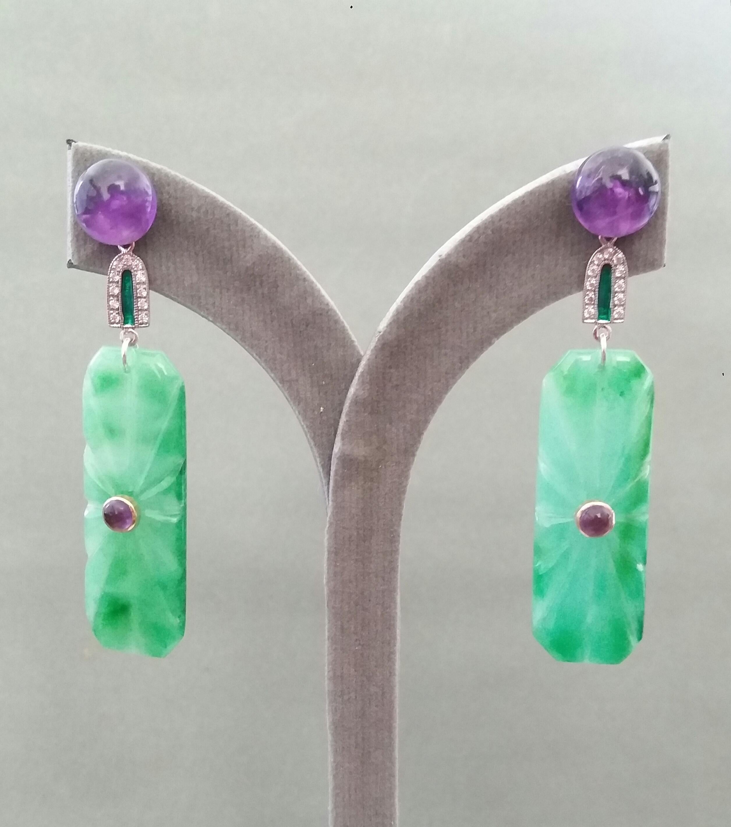 Art Deco Style Amethyst Gold Diamonds Green Enamel Engraved Jade Dangle Earrings 3