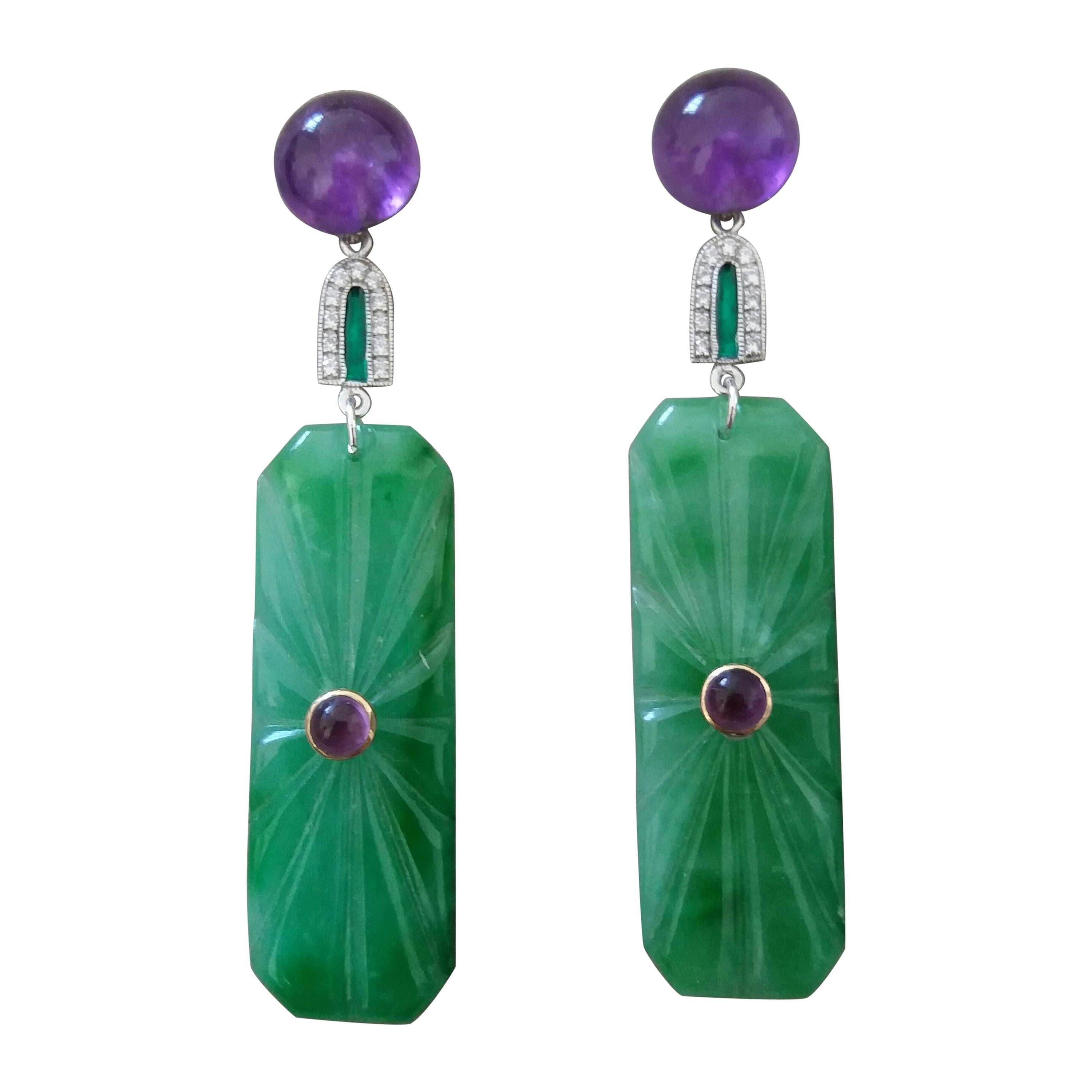 Art Deco Style Amethyst Gold Diamonds Green Enamel Engraved Jade Dangle Earrings For Sale