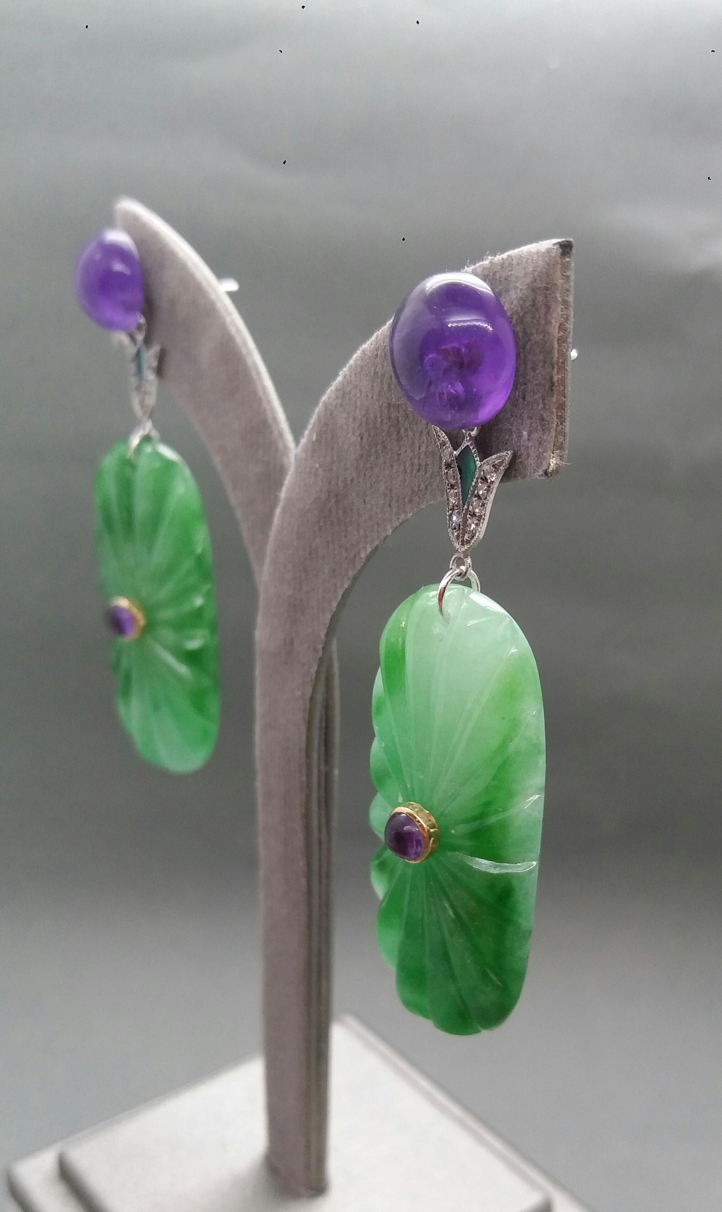 Art Deco Style Amethyst Gold Diamonds Green Enamel Engraved Jade Drop Earrings For Sale 4