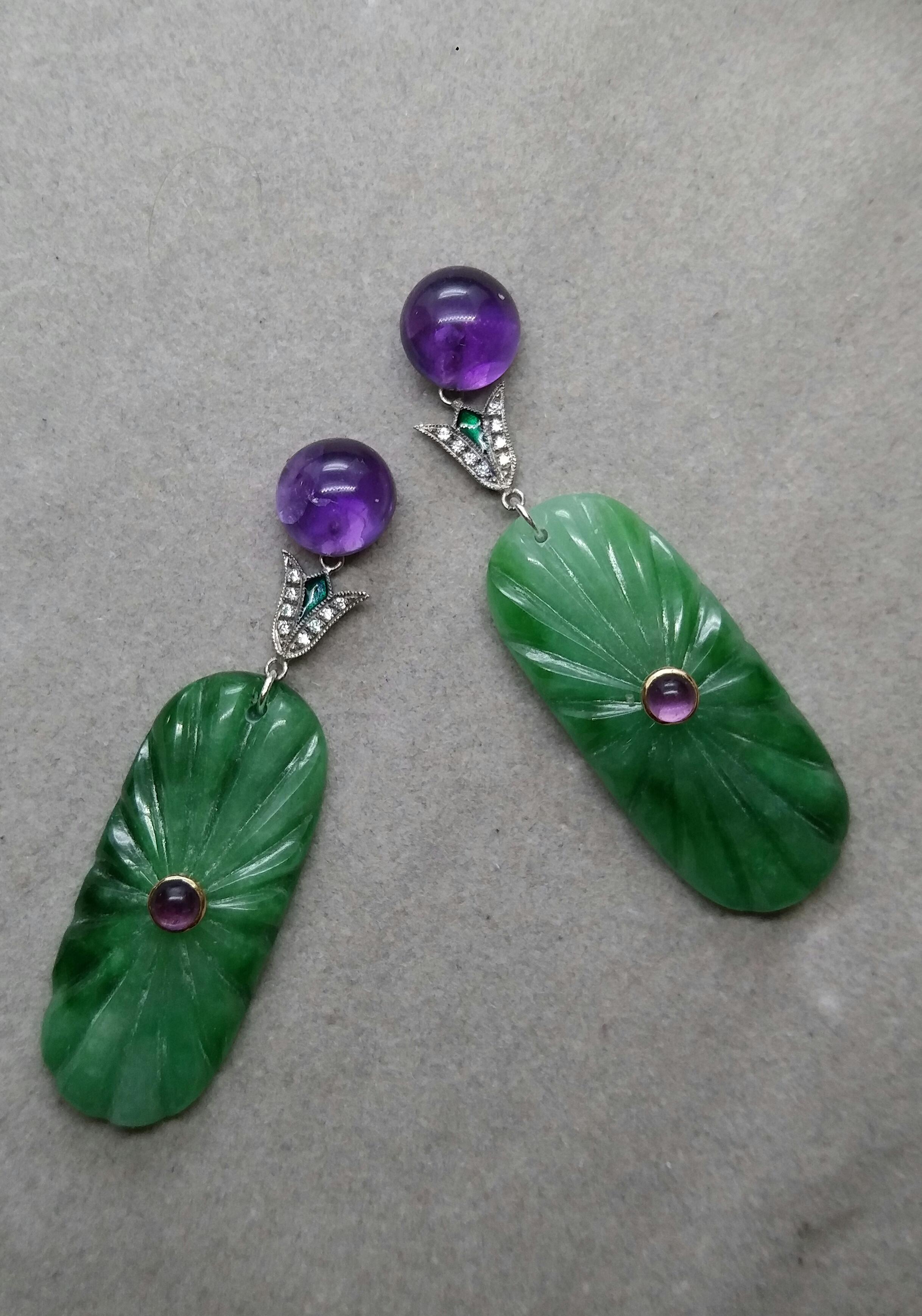 Mixed Cut Art Deco Style Amethyst Gold Diamonds Green Enamel Engraved Jade Drop Earrings For Sale