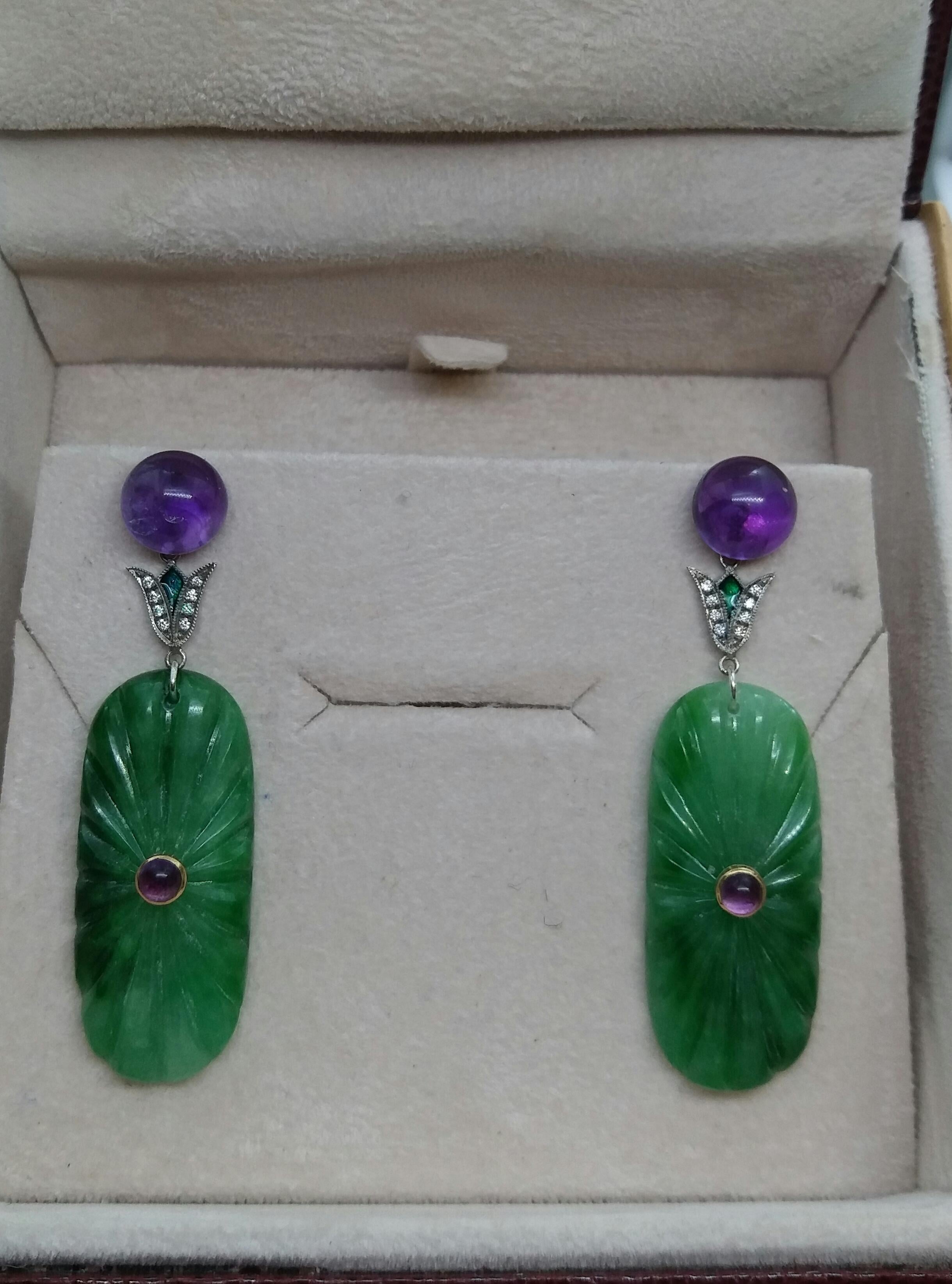 Art Deco Style Amethyst Gold Diamonds Green Enamel Engraved Jade Drop Earrings For Sale 1