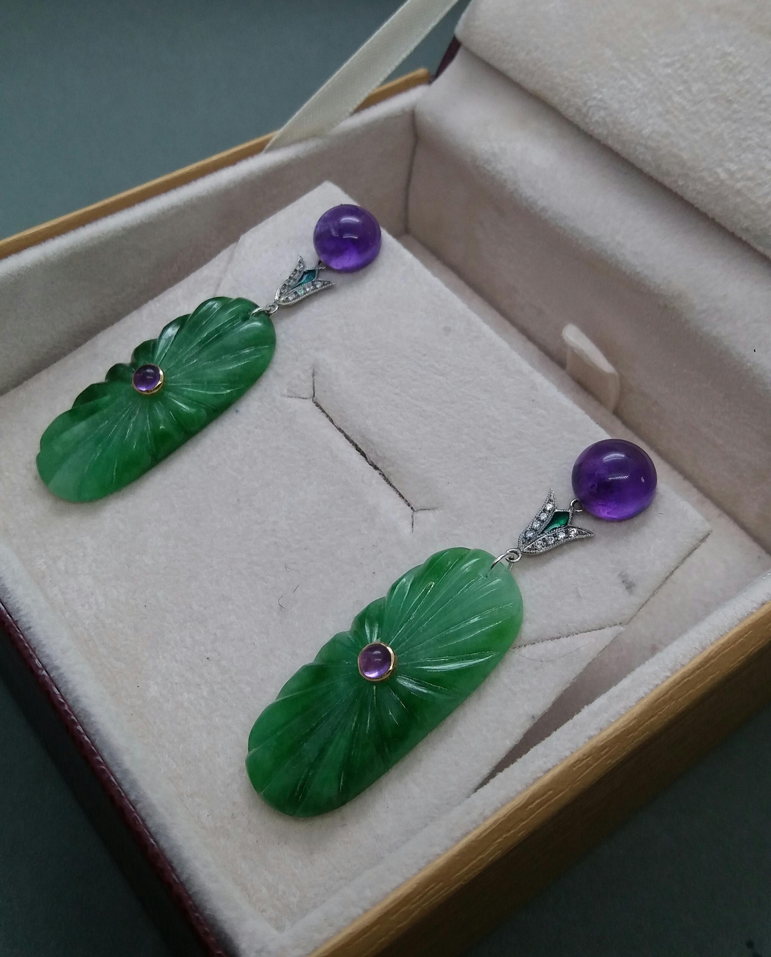 Art Deco Style Amethyst Gold Diamonds Green Enamel Engraved Jade Drop Earrings For Sale 2