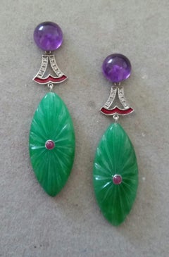 Art Deco Style Amethyst Gold Diamonds Ruby Enamel Engraved Jade Dangle Earrings