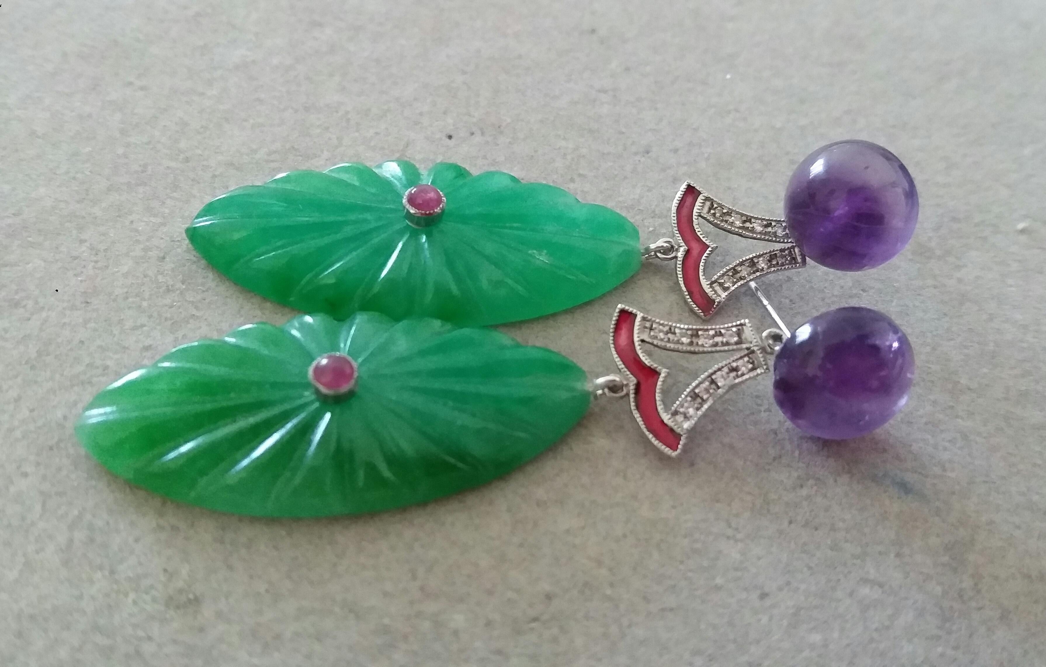 Art Deco Style Amethyst Gold Diamonds Ruby Enamel Engraved Jade Dangle Earrings In Good Condition For Sale In Bangkok, TH