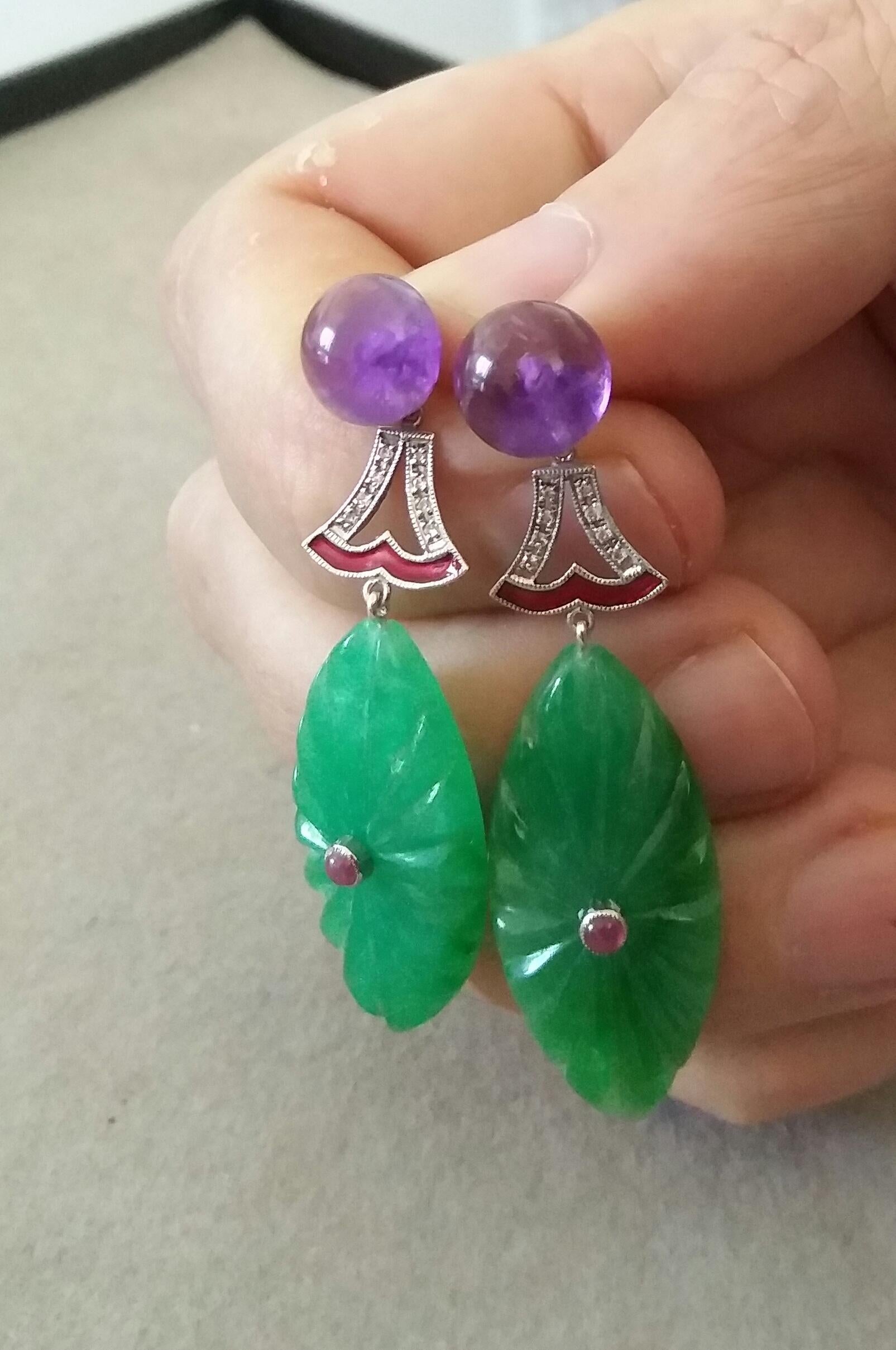 Women's Art Deco Style Amethyst Gold Diamonds Ruby Enamel Engraved Jade Dangle Earrings For Sale