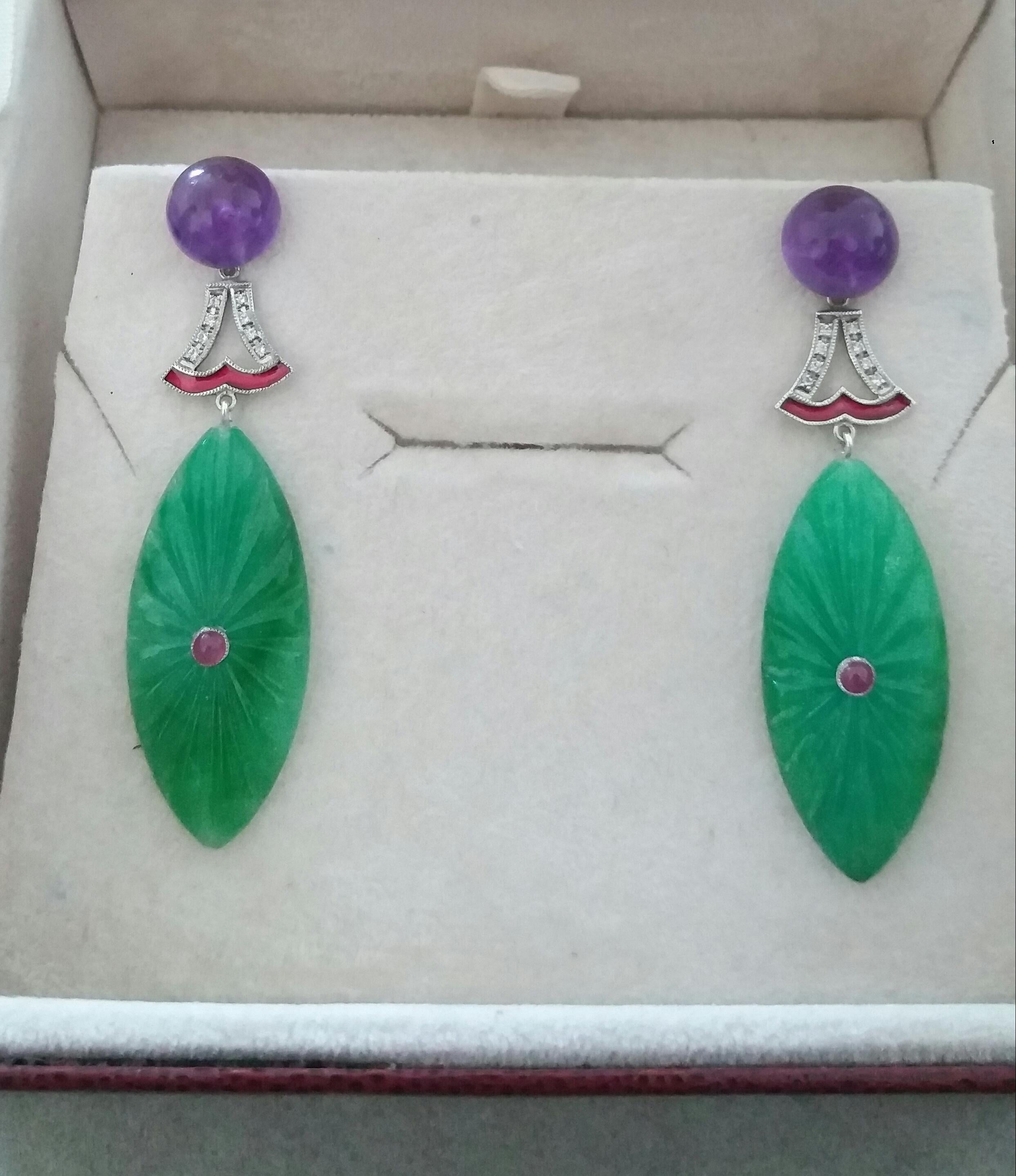 Art Deco Style Amethyst Gold Diamonds Ruby Enamel Engraved Jade Dangle Earrings For Sale 1