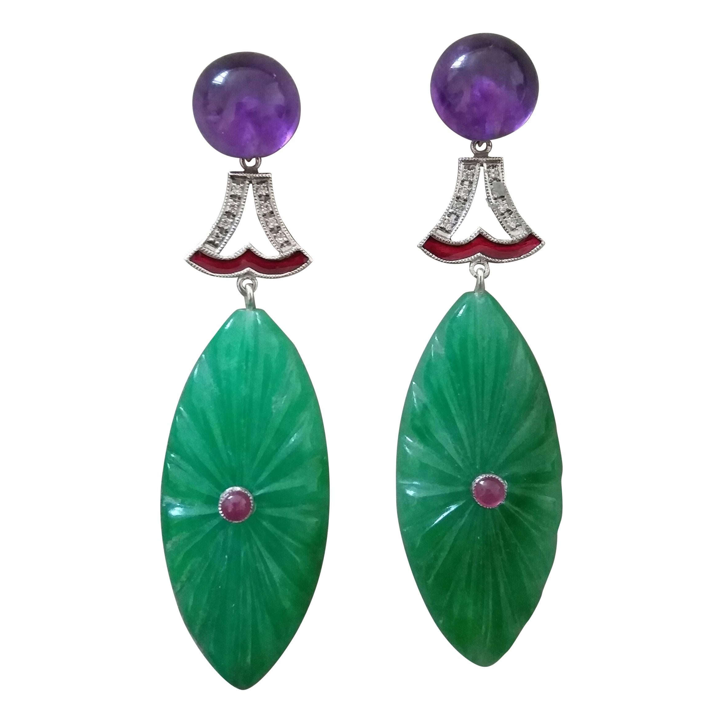 Art Deco Style Amethyst Gold Diamonds Ruby Enamel Engraved Jade Dangle Earrings