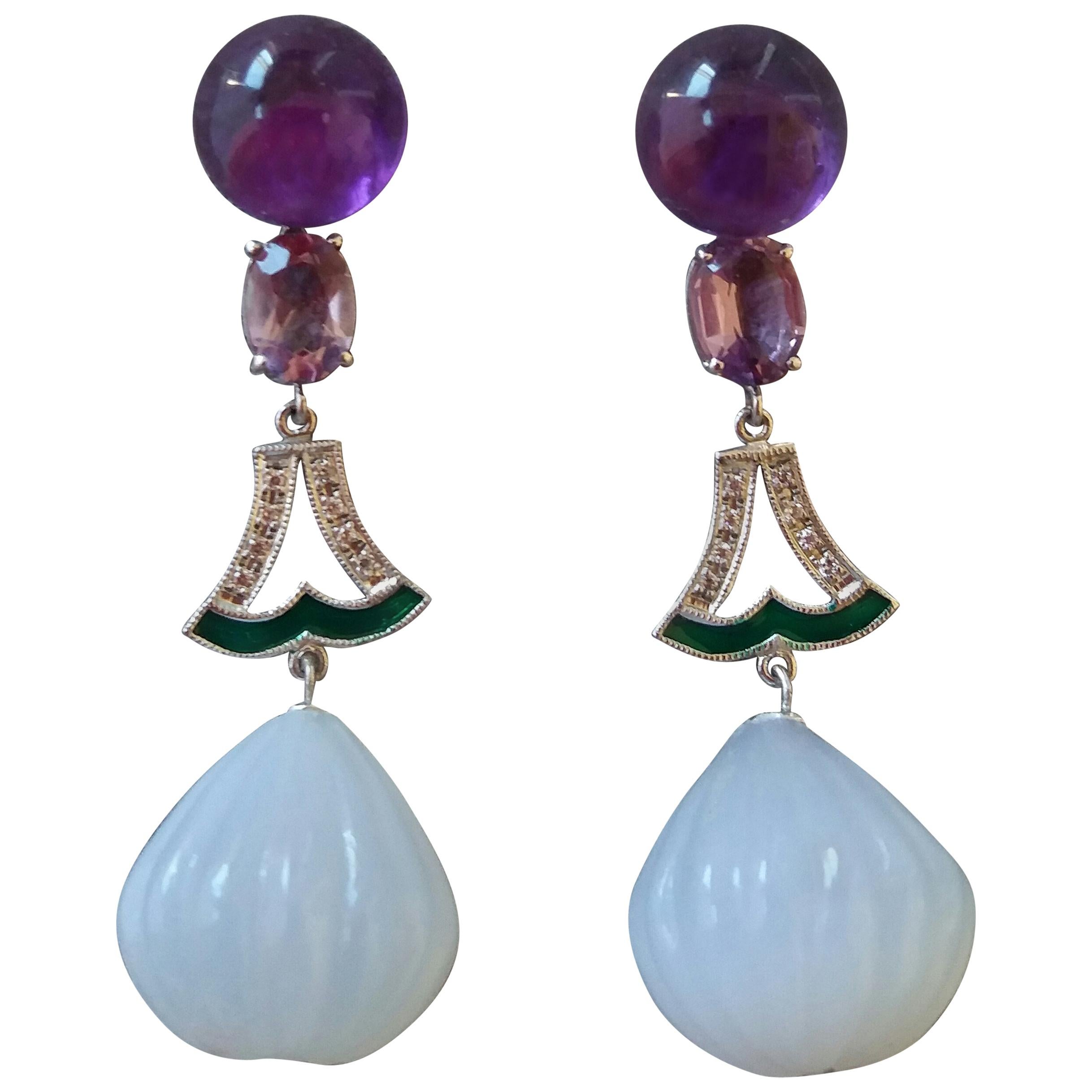 Art Deco Style Amethyst Peridot Chalcedony Gold Diamonds Enamel Drop Earrings For Sale