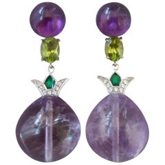 Tropfenohrringe im Art déco-Stil mit Amethyst und Peridot in Gold, Diamant und grüner Emaille