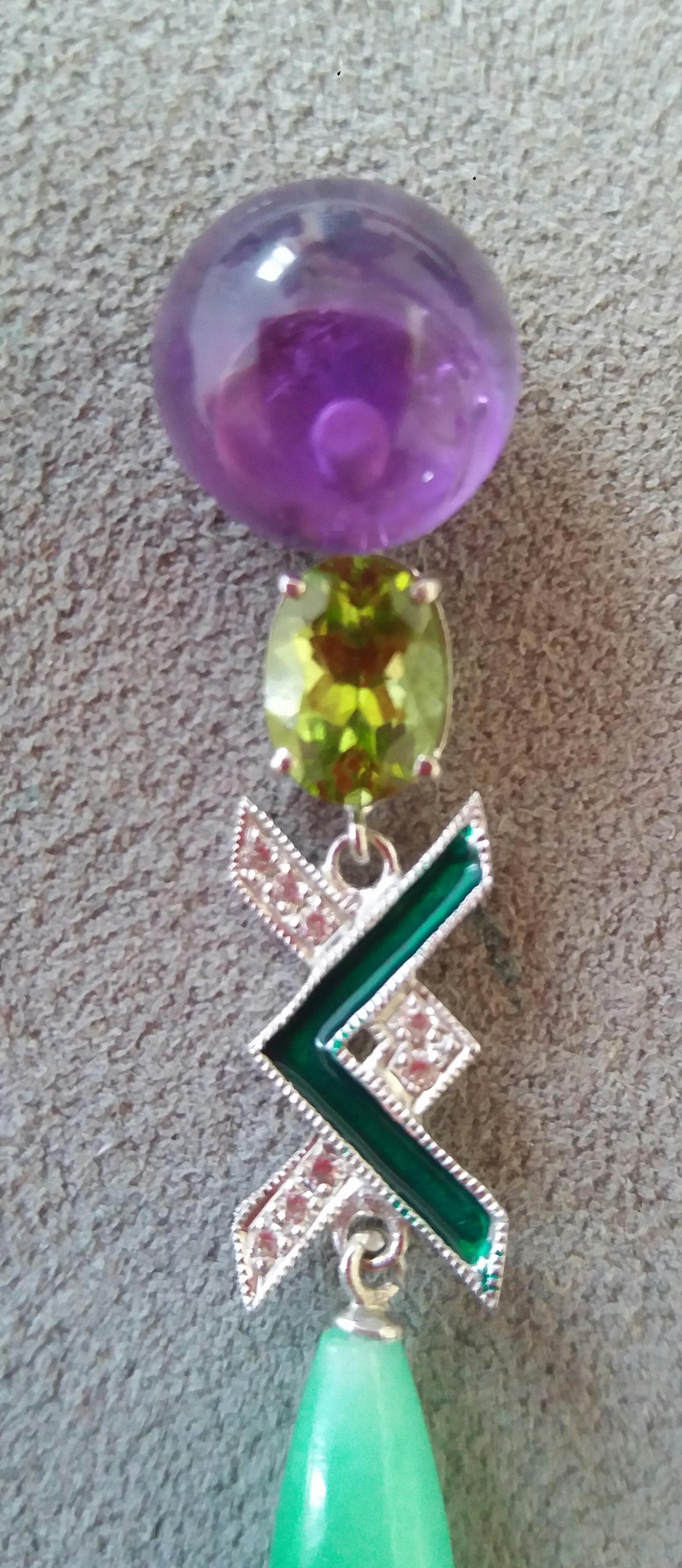 These unique earrings have 2 Amethyst round button 10 mm diameter on top,then 2 oval faceted Peridot  supporting  elements in white gold diamonds and green enamel, to which finally are suspended  Jade round drops size 23 x 6 mm.

In 1978 our
