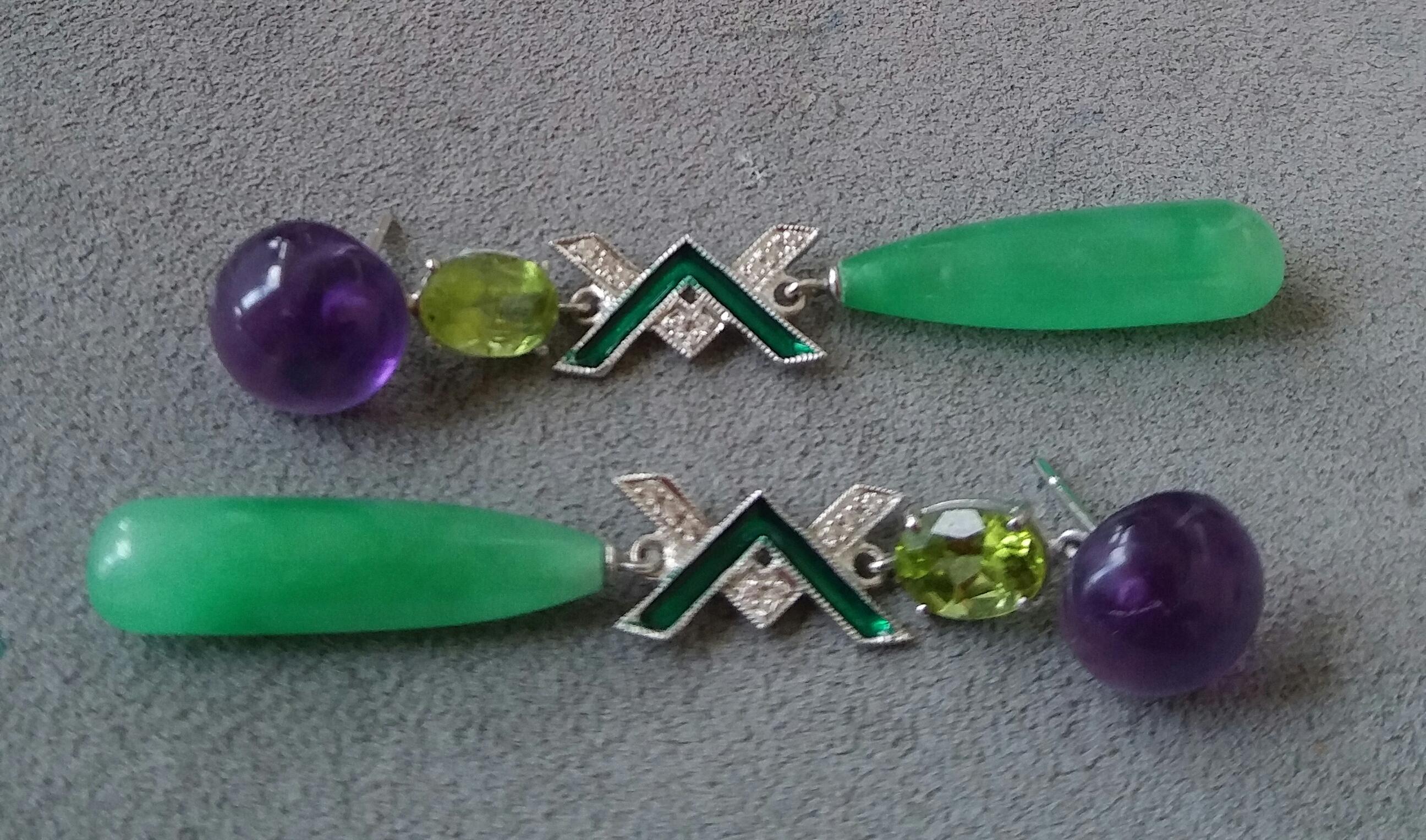 Contemporary Art Deco Style Amethyst Peridot Jade Gold Diamonds Green Enamel Drop Earrings For Sale