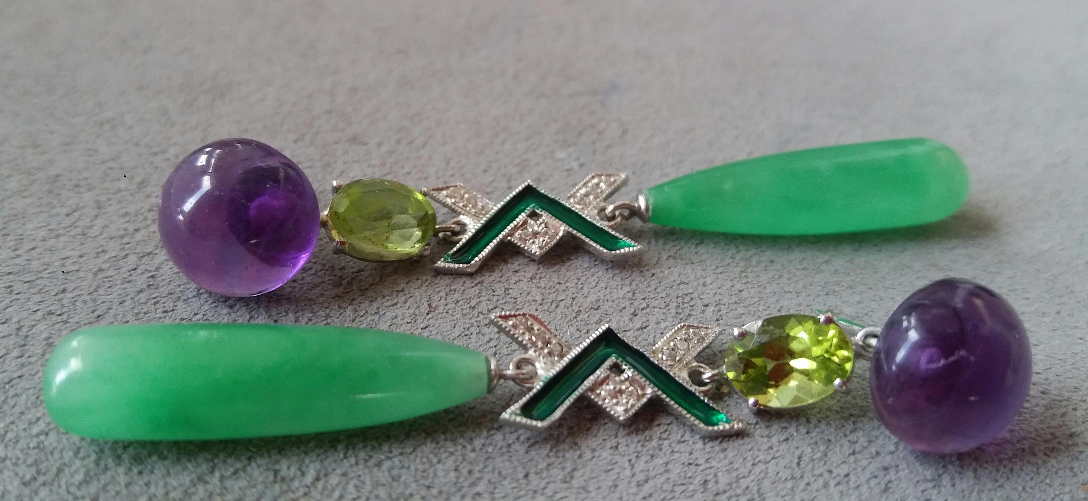 Mixed Cut Art Deco Style Amethyst Peridot Jade Gold Diamonds Green Enamel Drop Earrings For Sale