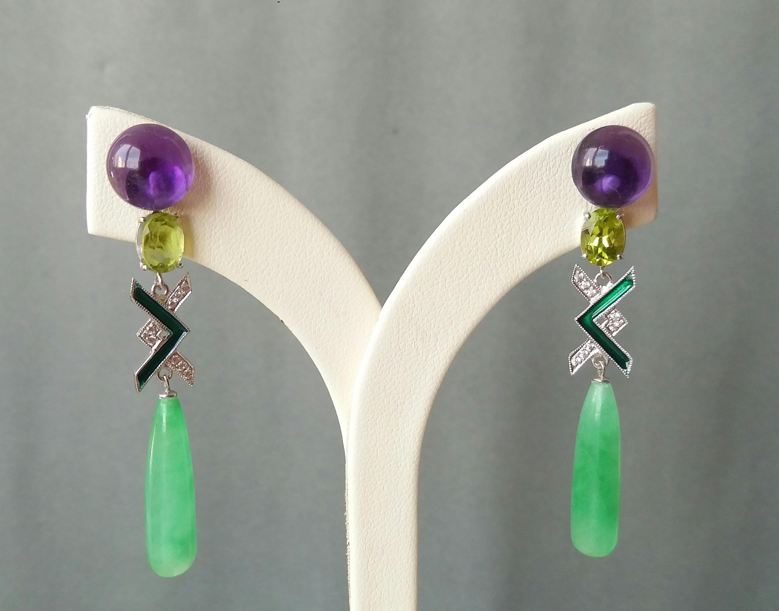Art Deco Style Amethyst Peridot Jade Gold Diamonds Green Enamel Drop Earrings In Good Condition For Sale In Bangkok, TH