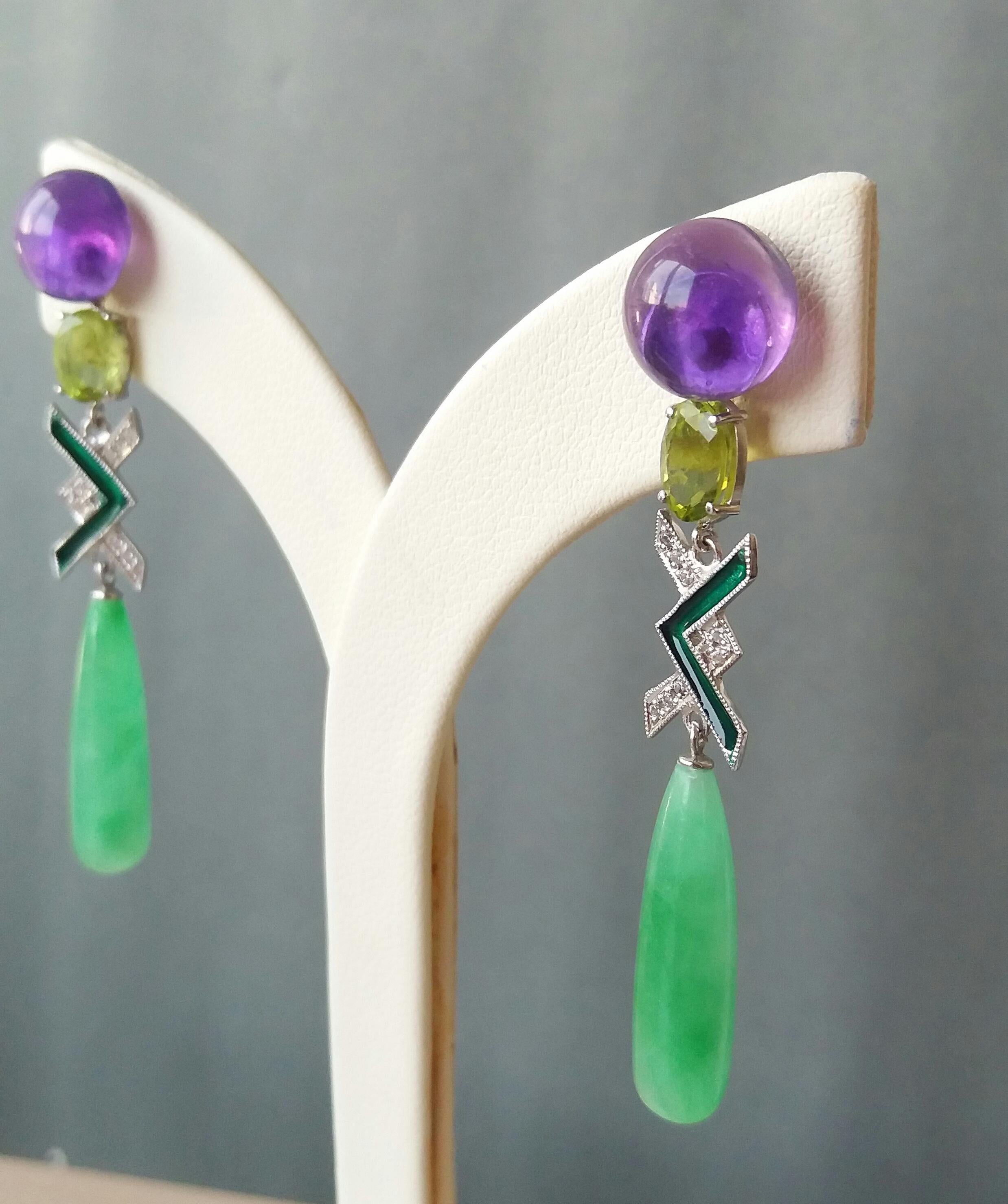 Art Deco Style Amethyst Peridot Jade Gold Diamonds Green Enamel Drop Earrings In Good Condition For Sale In Bangkok, TH