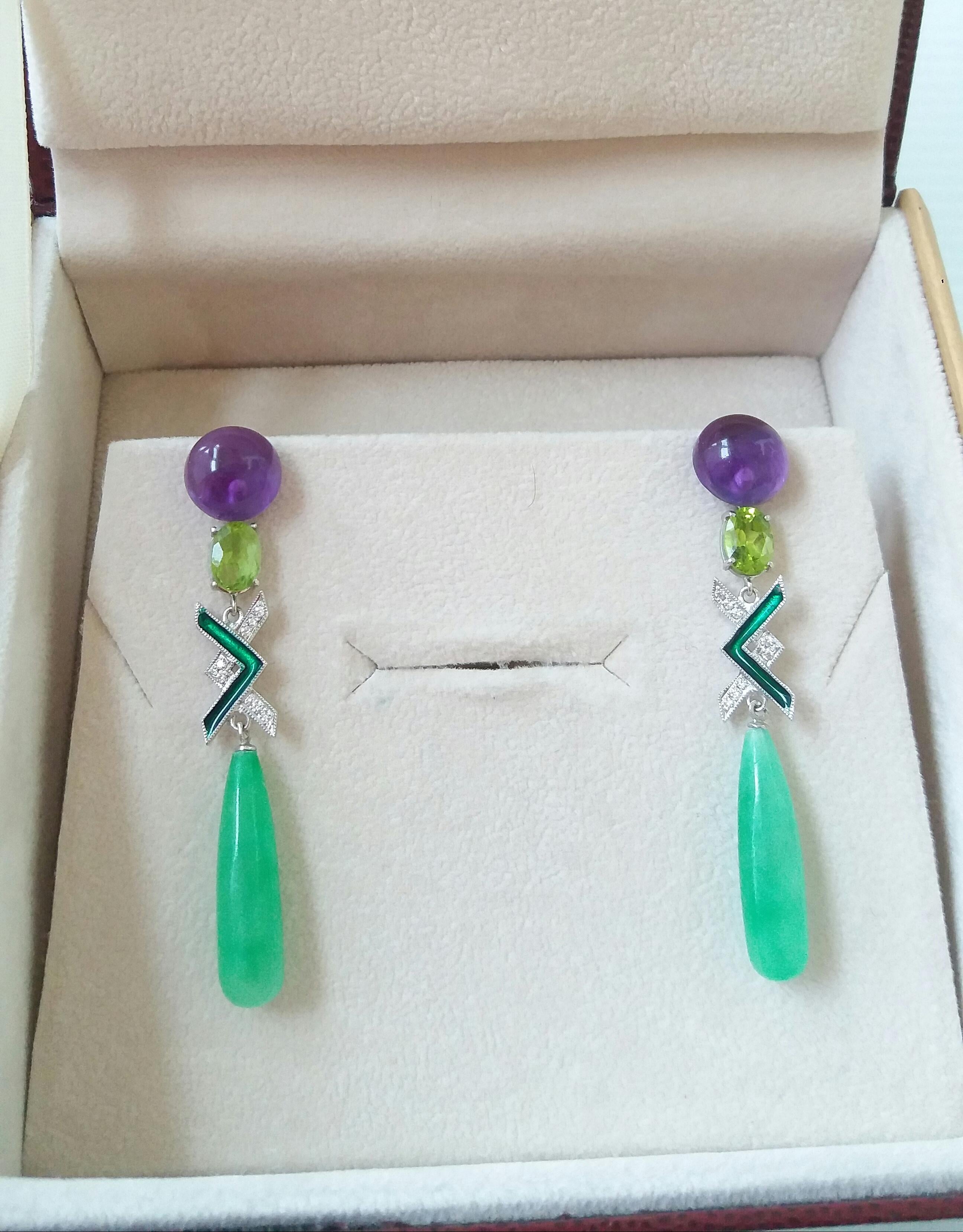 Art Deco Style Amethyst Peridot Jade Gold Diamonds Green Enamel Drop Earrings For Sale 1