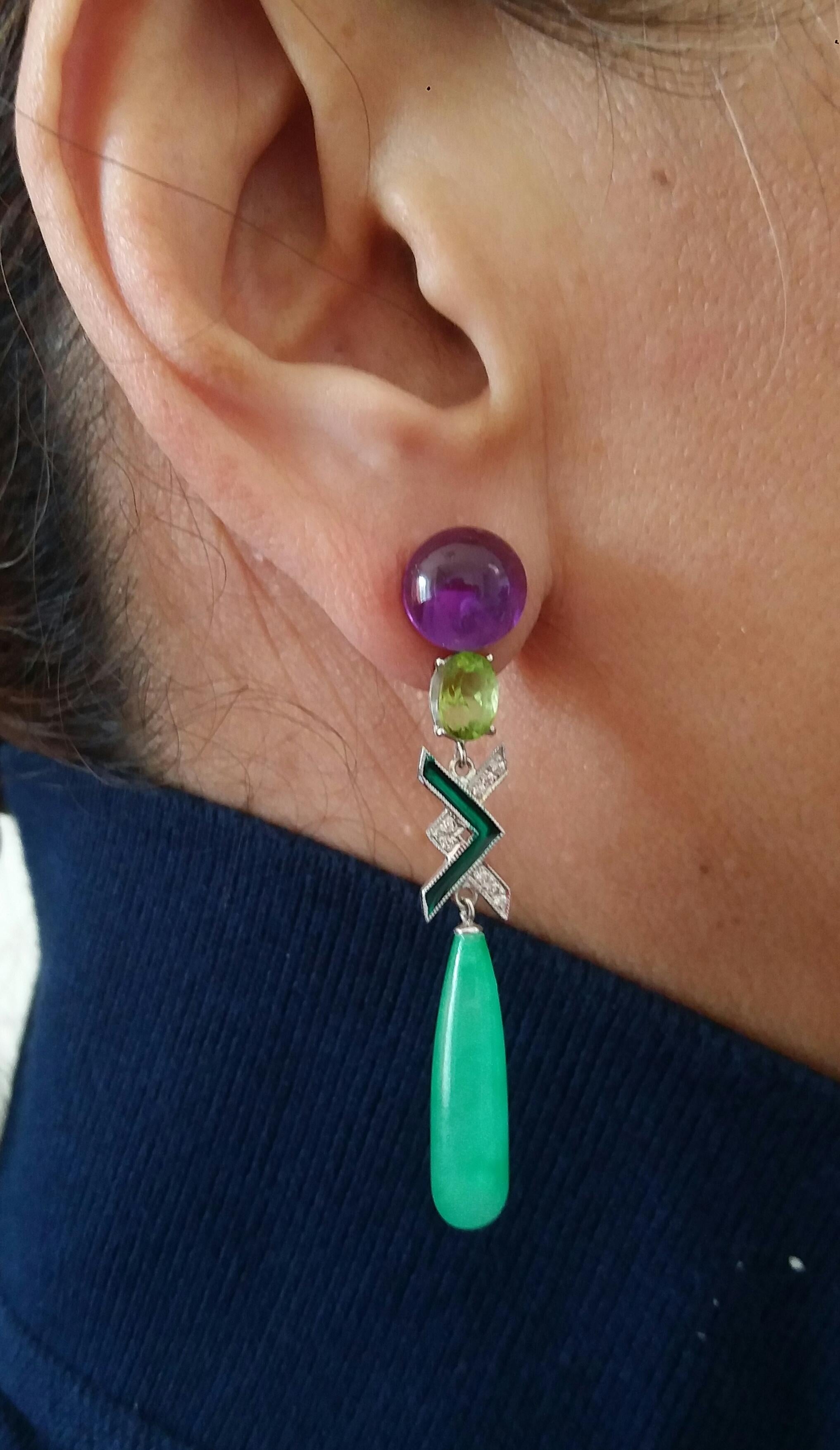 Art Deco Style Amethyst Peridot Jade Gold Diamonds Green Enamel Drop Earrings For Sale 2
