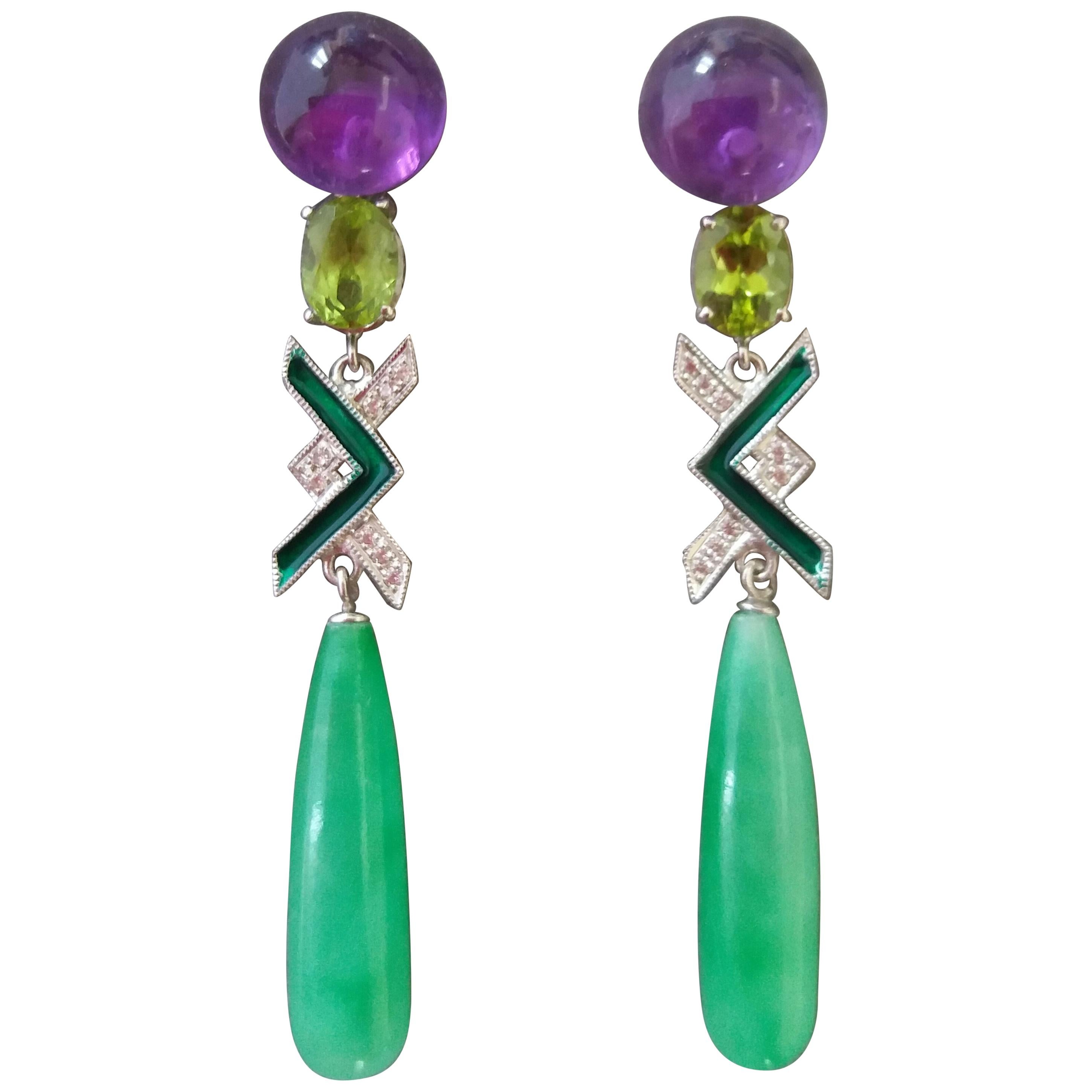 Art Deco Style Amethyst Peridot Jade Gold Diamonds Green Enamel Drop Earrings
