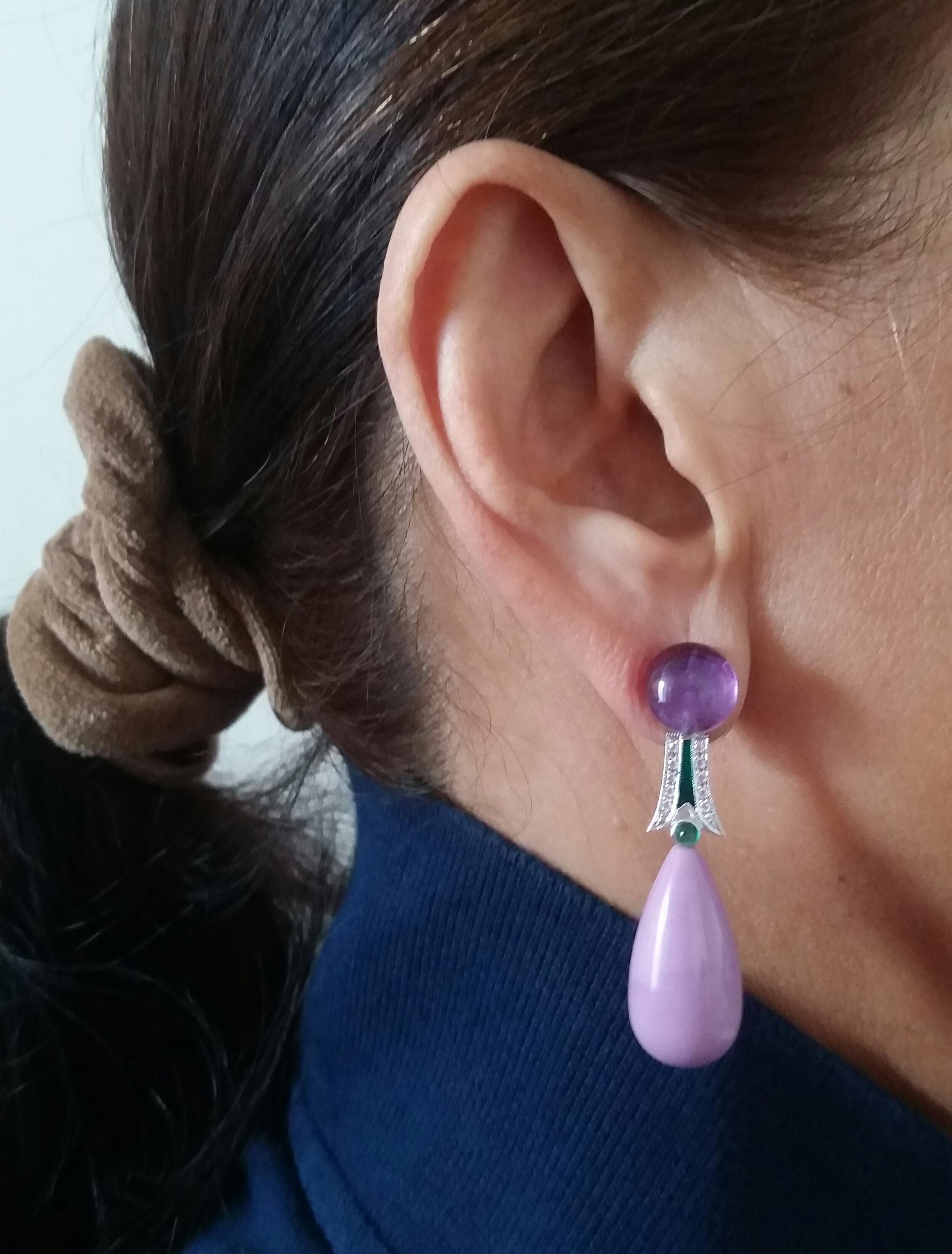 Mixed Cut Art Deco Style Amethyst Phosphosiderite Emerald Enamel Gold Diamonds Earrings For Sale