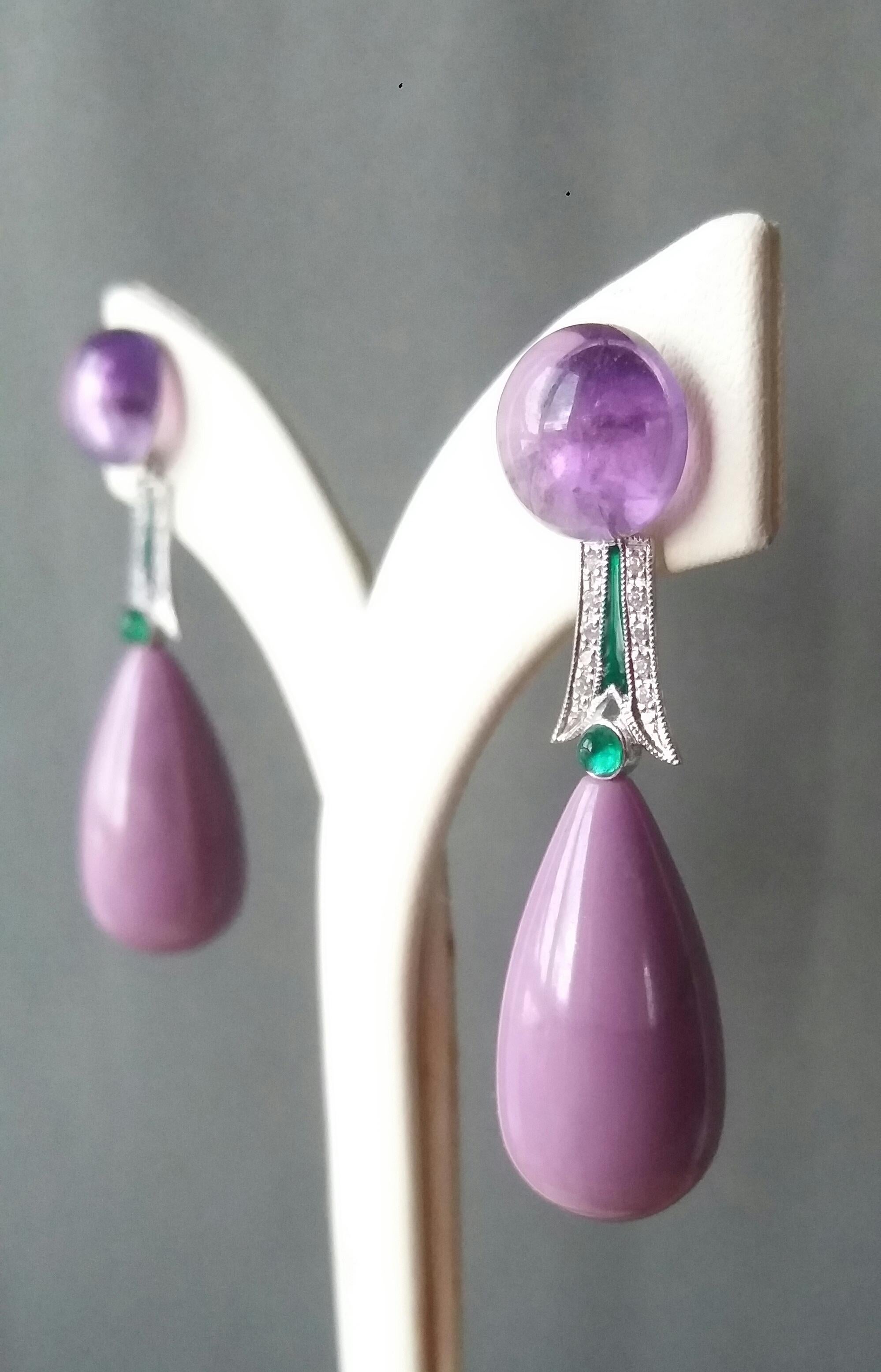Art Deco Style Amethyst Phosphosiderite Emerald Enamel Gold Diamonds Earrings In Good Condition For Sale In Bangkok, TH