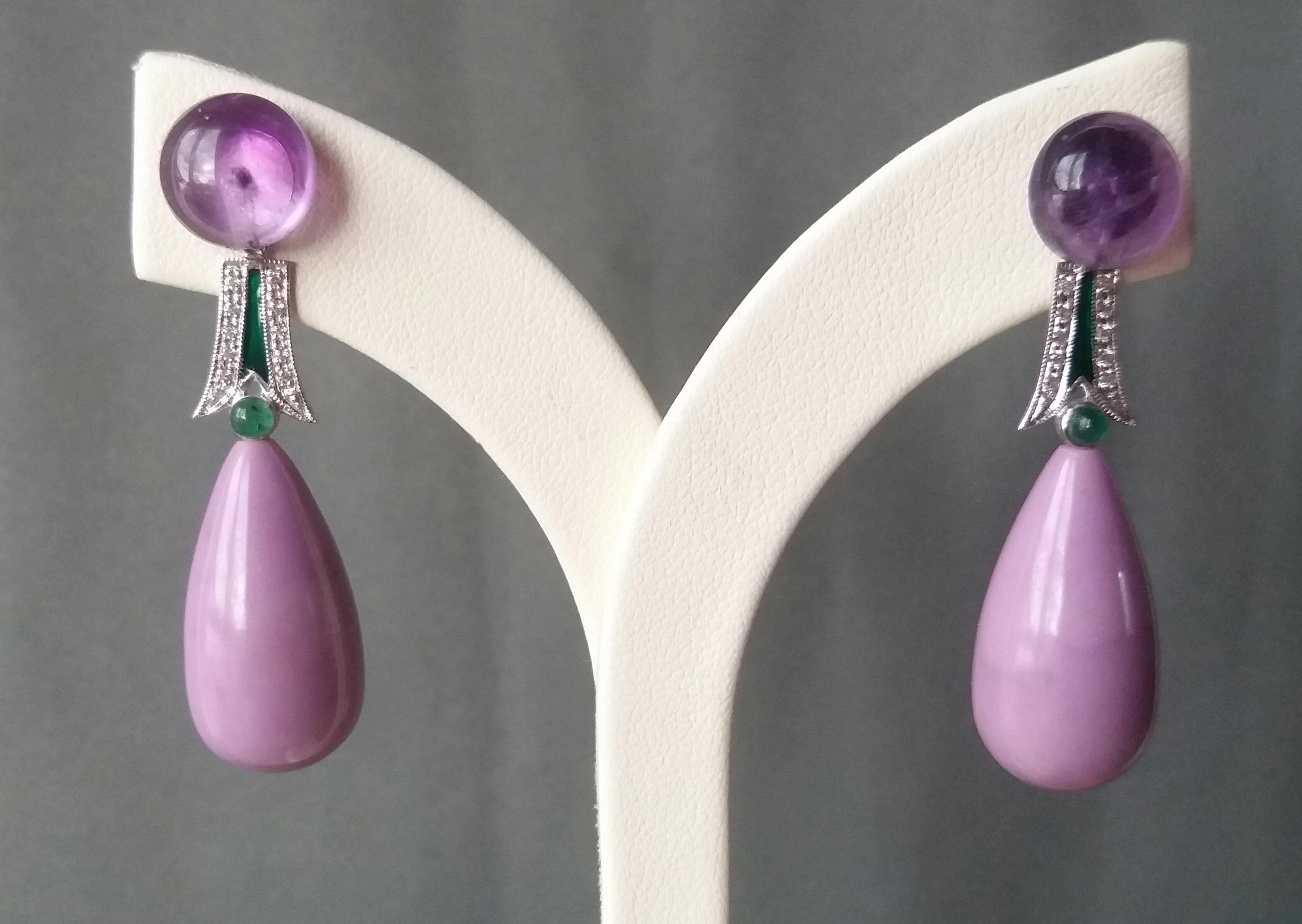 Women's Art Deco Style Amethyst Phosphosiderite Emerald Enamel Gold Diamonds Earrings For Sale