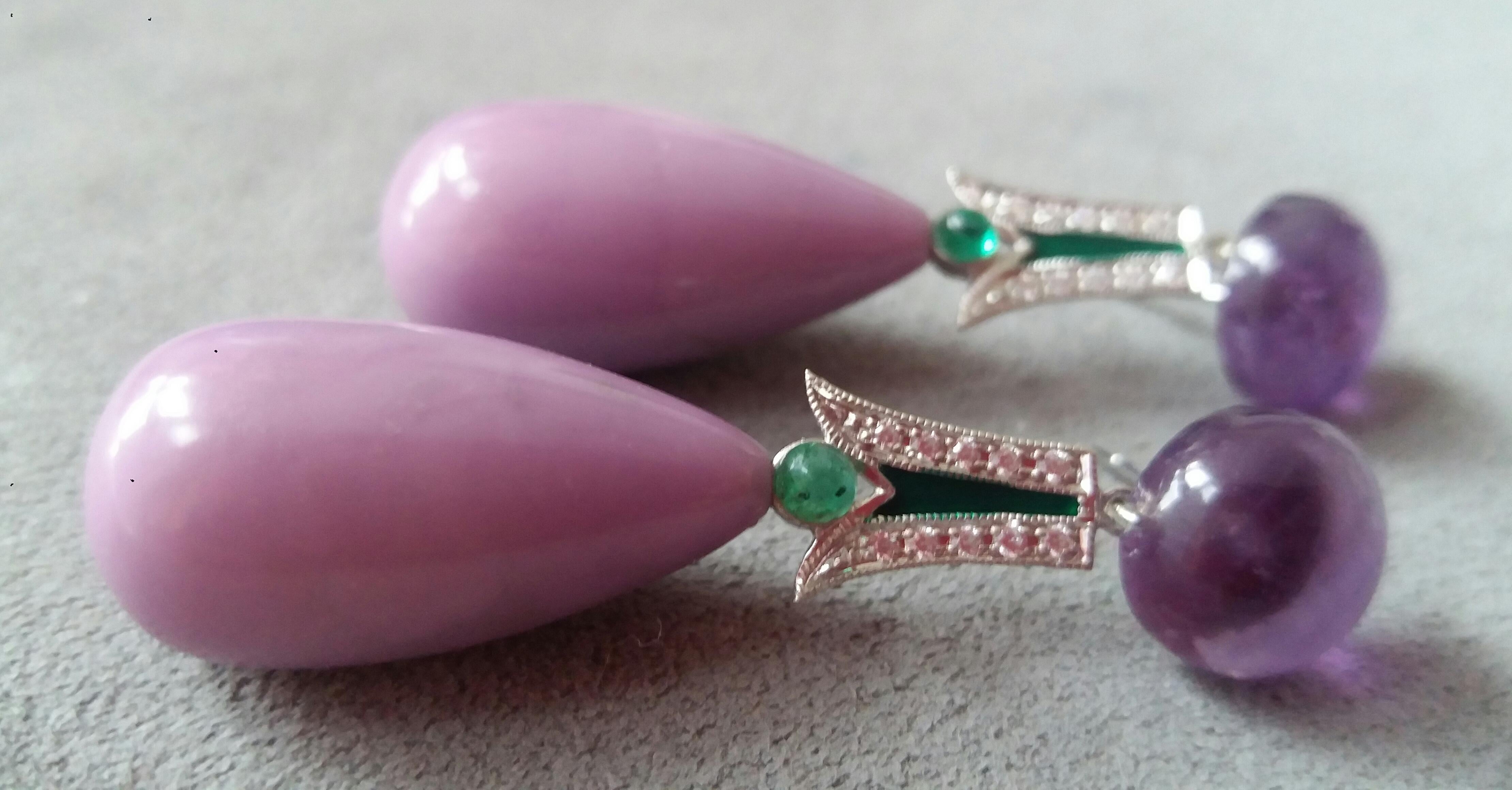 Women's Art Deco Style Amethyst Phosphosiderite Emerald Enamel Gold Diamonds Earrings
